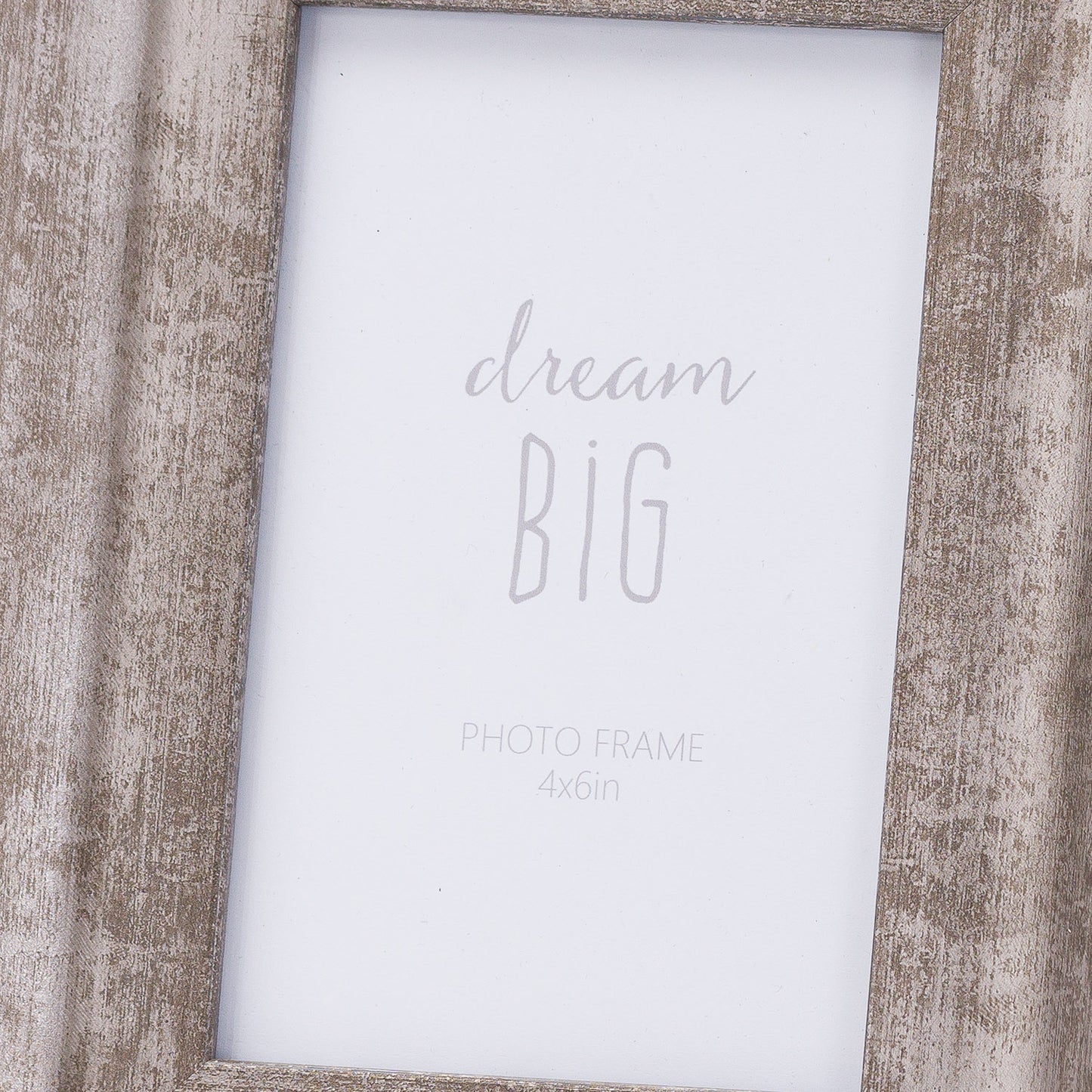 Convex matte silver frame with distressed finish, featuring “dream BIG” text, designed for 4x6 inch photos.