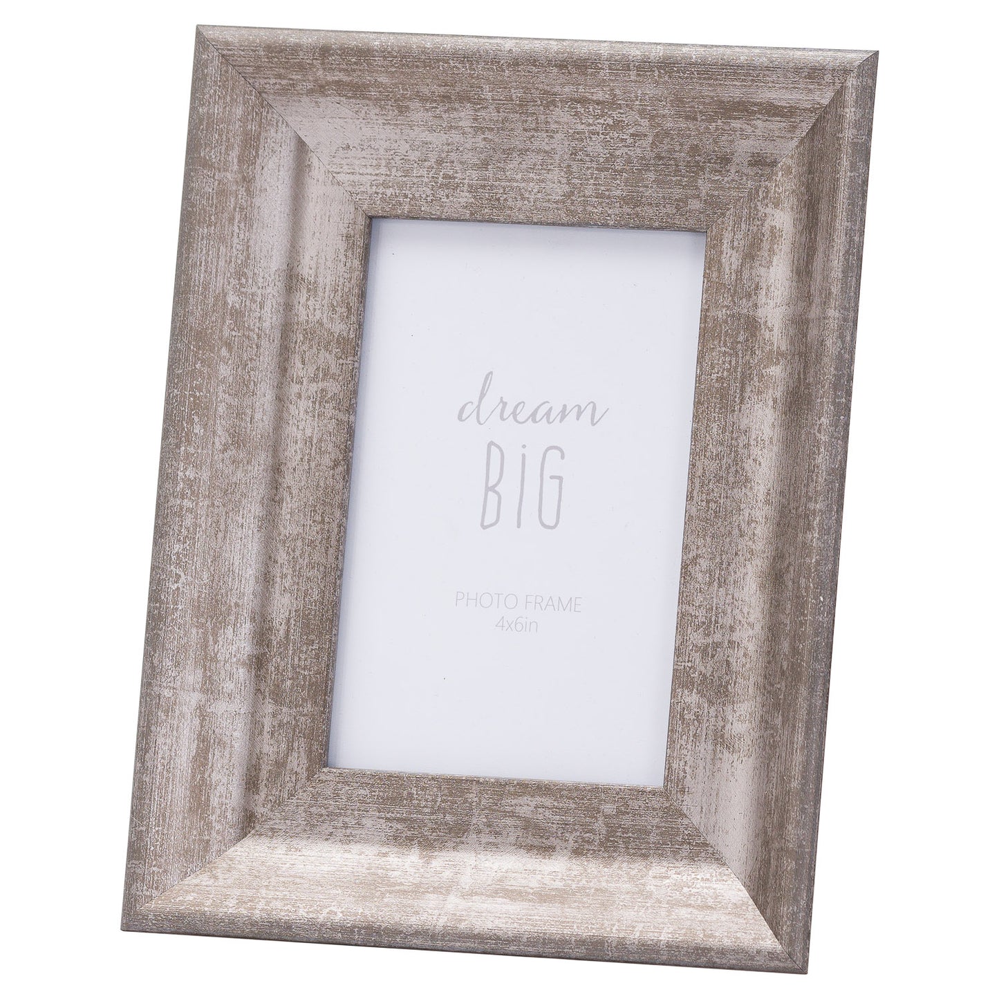 Convex silver photo frame with a distressed finish, featuring a 4x6 insert, ideal for showcasing cherished memories elegantly.