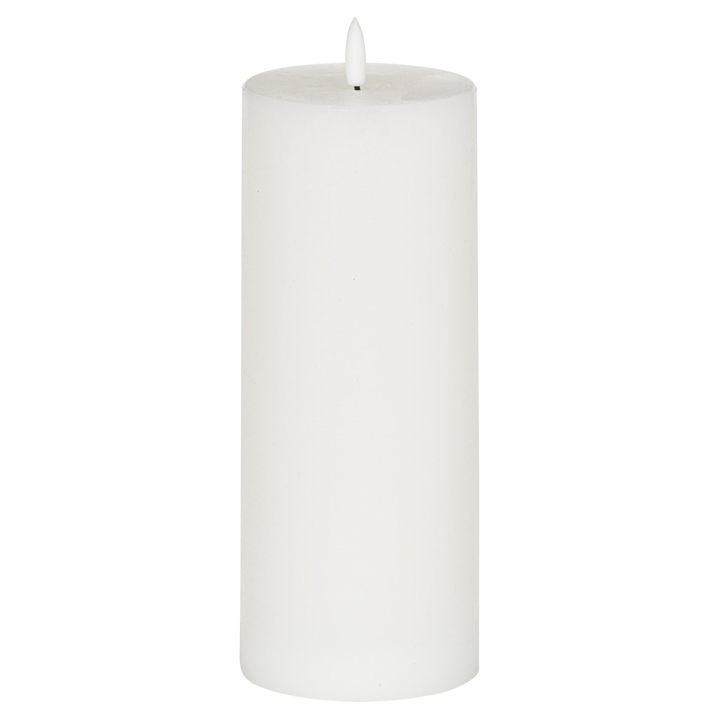 White LED candle with a smooth, natural wax finish, featuring a flame-like flickering amber light, adding elegance to any space.