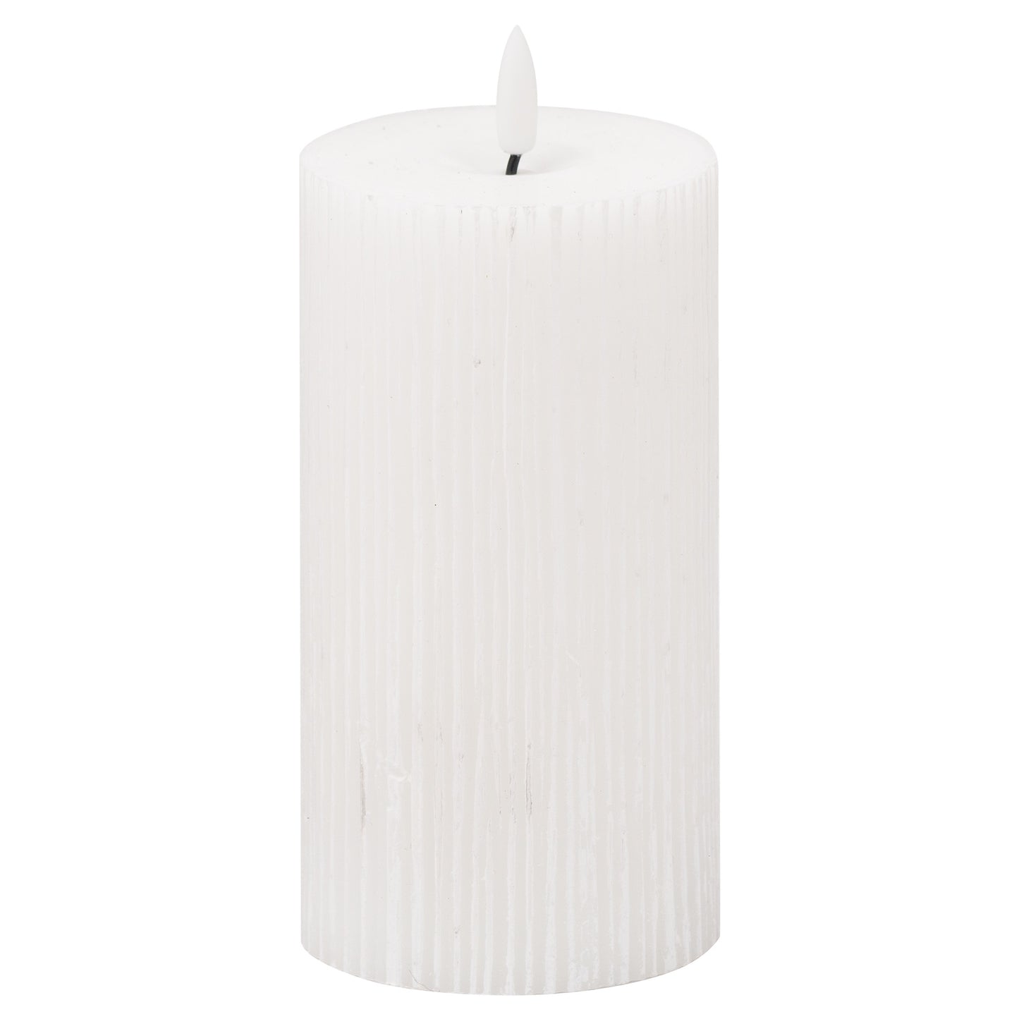 Textured ribbed white LED candle with a realistic amber flame, designed for a cozy ambiance and convenient timer function.