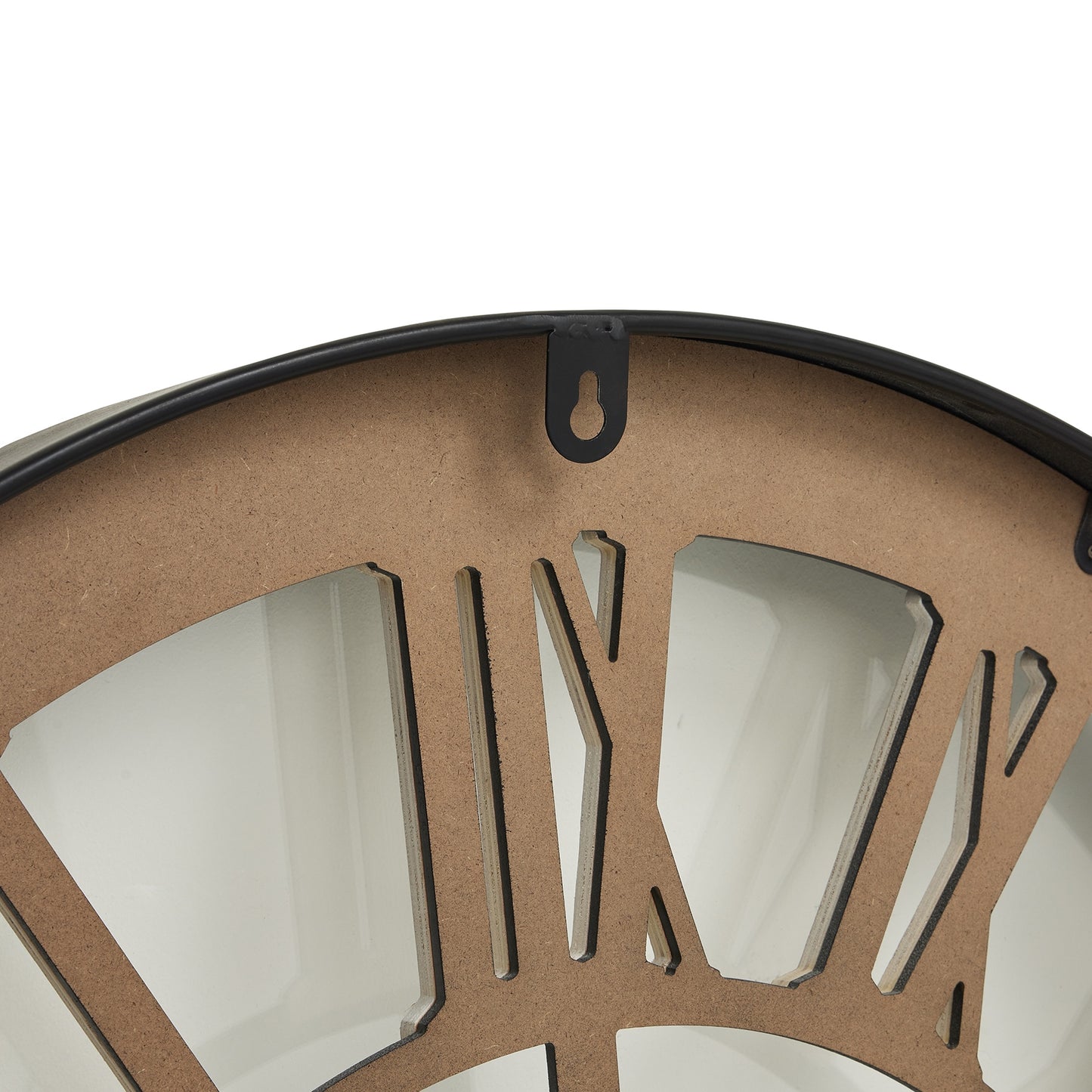 Black-framed skeleton clock features bold white Roman numerals, airy 80cm design, and complements various interior styles.