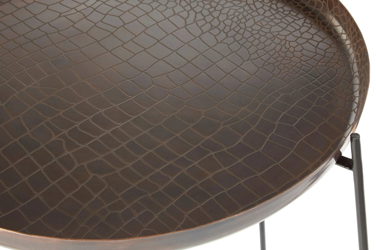 Sculptura Crocodile Texture Copper Finish and Black Round Side Table