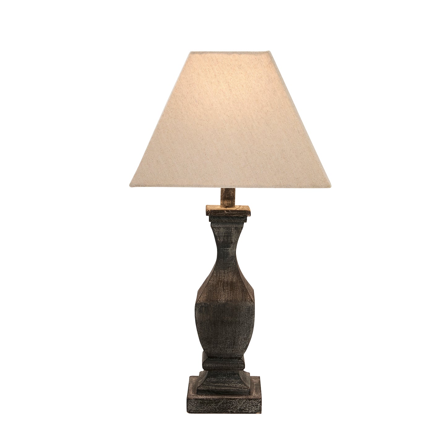 Sophisticated grey-washed wooden table lamp with an elegant fluted design and a light linen shade, exuding warmth and charm.