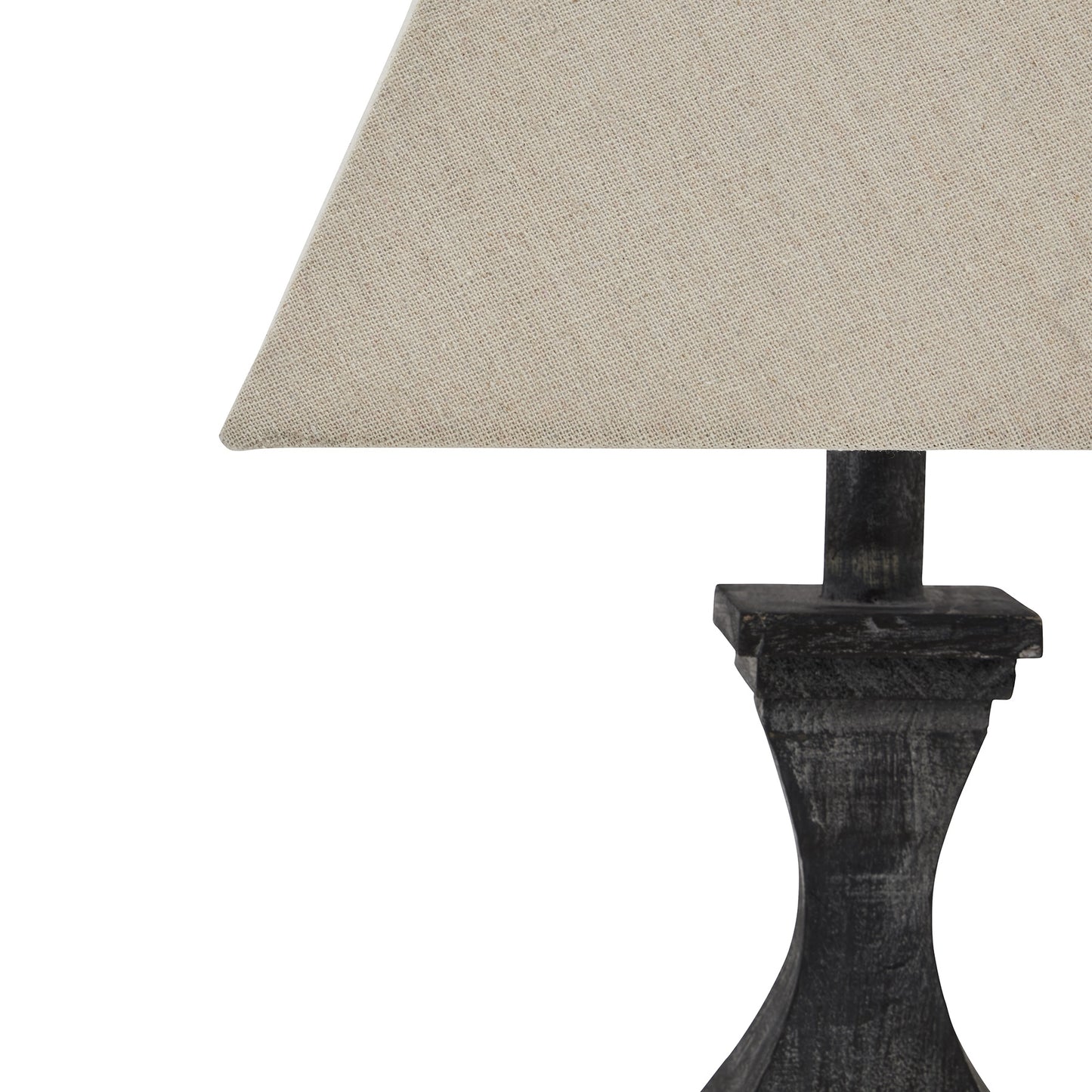 Fluted wooden table lamp in grey-washed finish with a beige linen shade, enhancing warmth and elegance in any space.