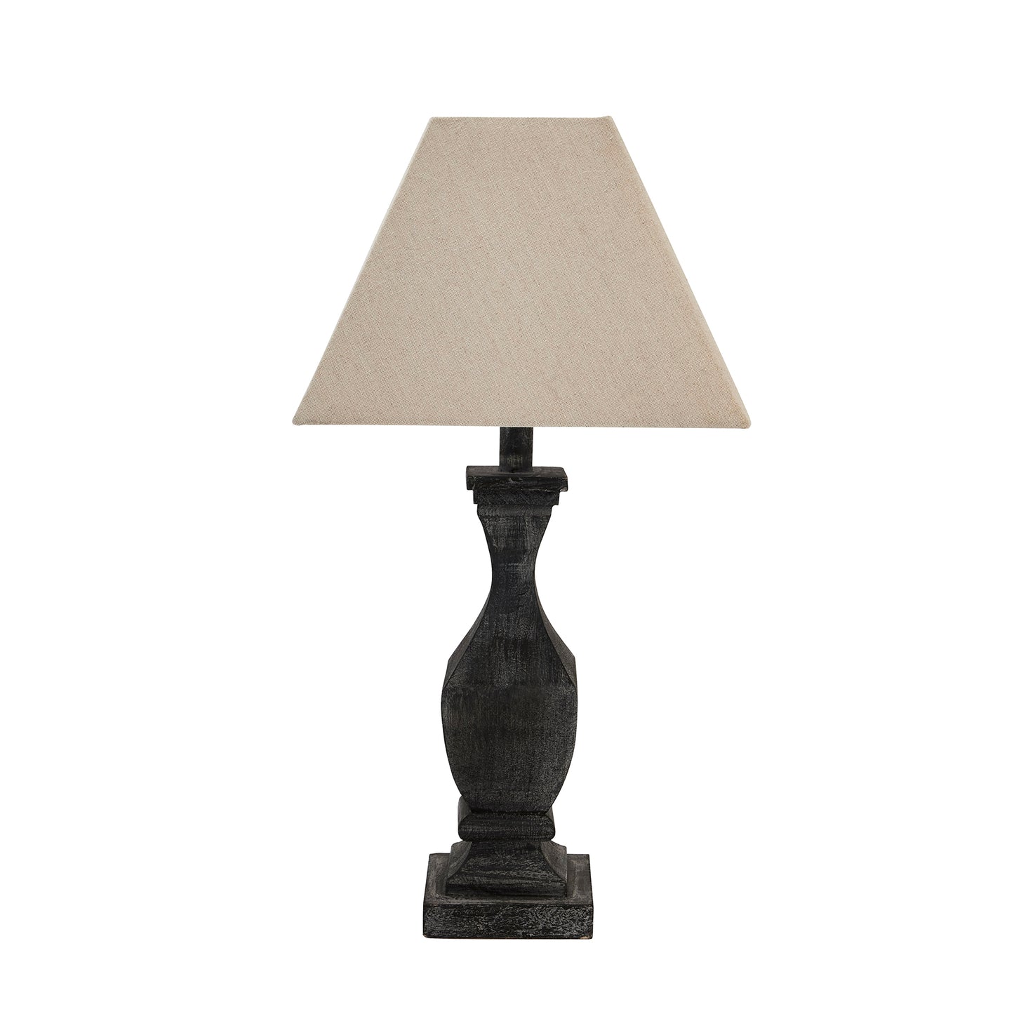 Elegant grey-washed wooden table lamp with a fluted design, topped by a neutral linen shade, enhancing any room's ambiance.