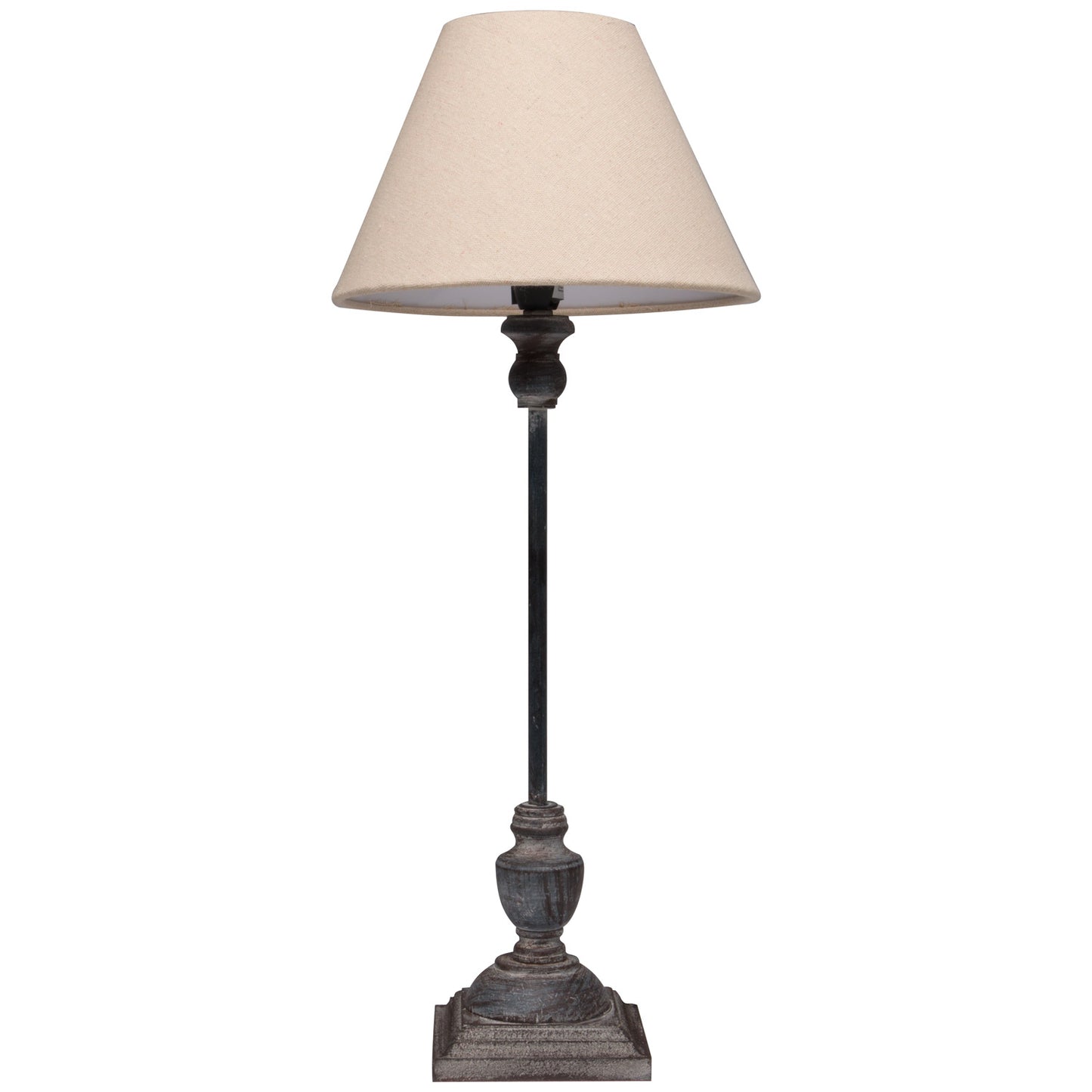 Sophisticated table lamp with a grey-washed wood base and a soft linen shade, perfect for minimalist and country-chic interiors.