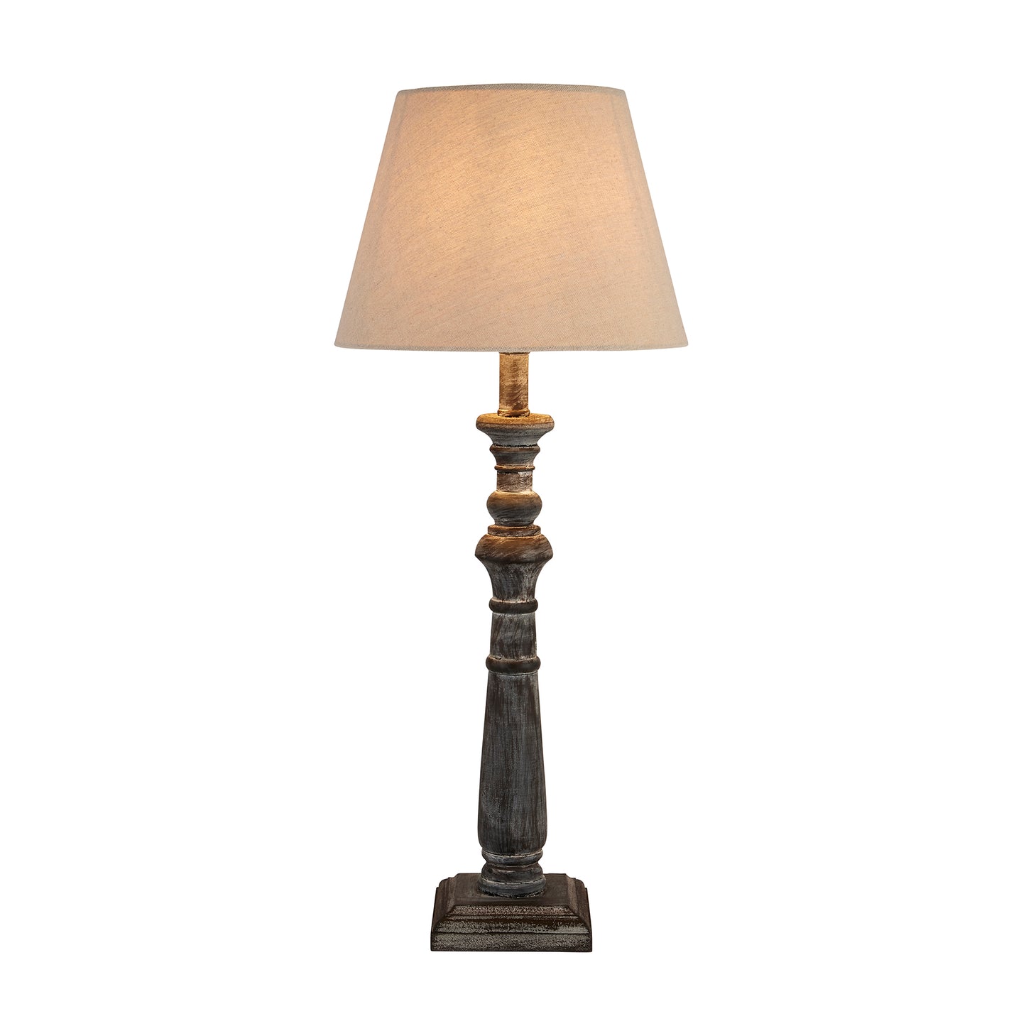 Elegant table lamp with a grey-washed wood base, featuring a soft natural linen shade that emits a warm glow.