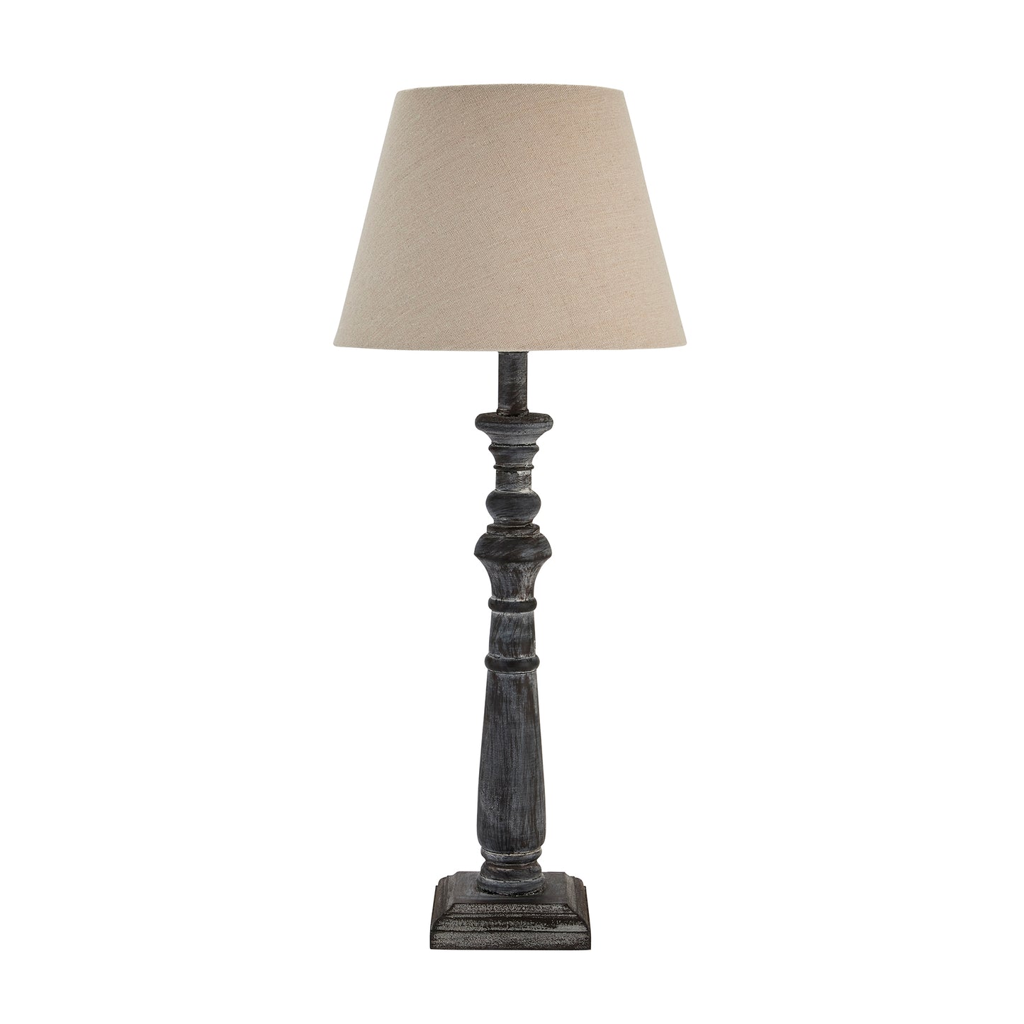 Grey-washed wood table lamp with an elegant, tapered natural linen shade, exuding timeless sophistication and warmth.