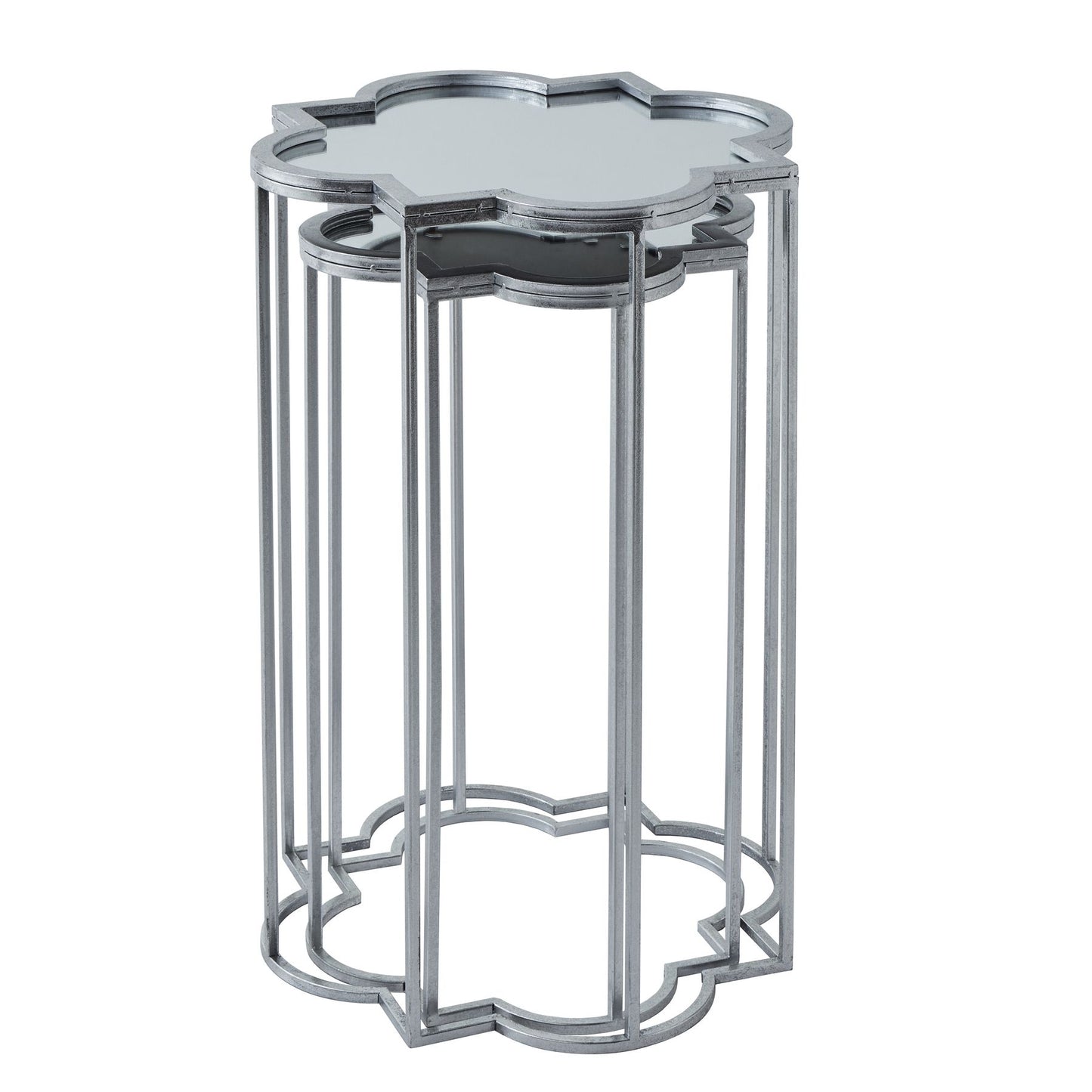 Set of two sleek, red side tables featuring elegant quarter foil mirrored tops and geometric design, perfect for modern spaces.