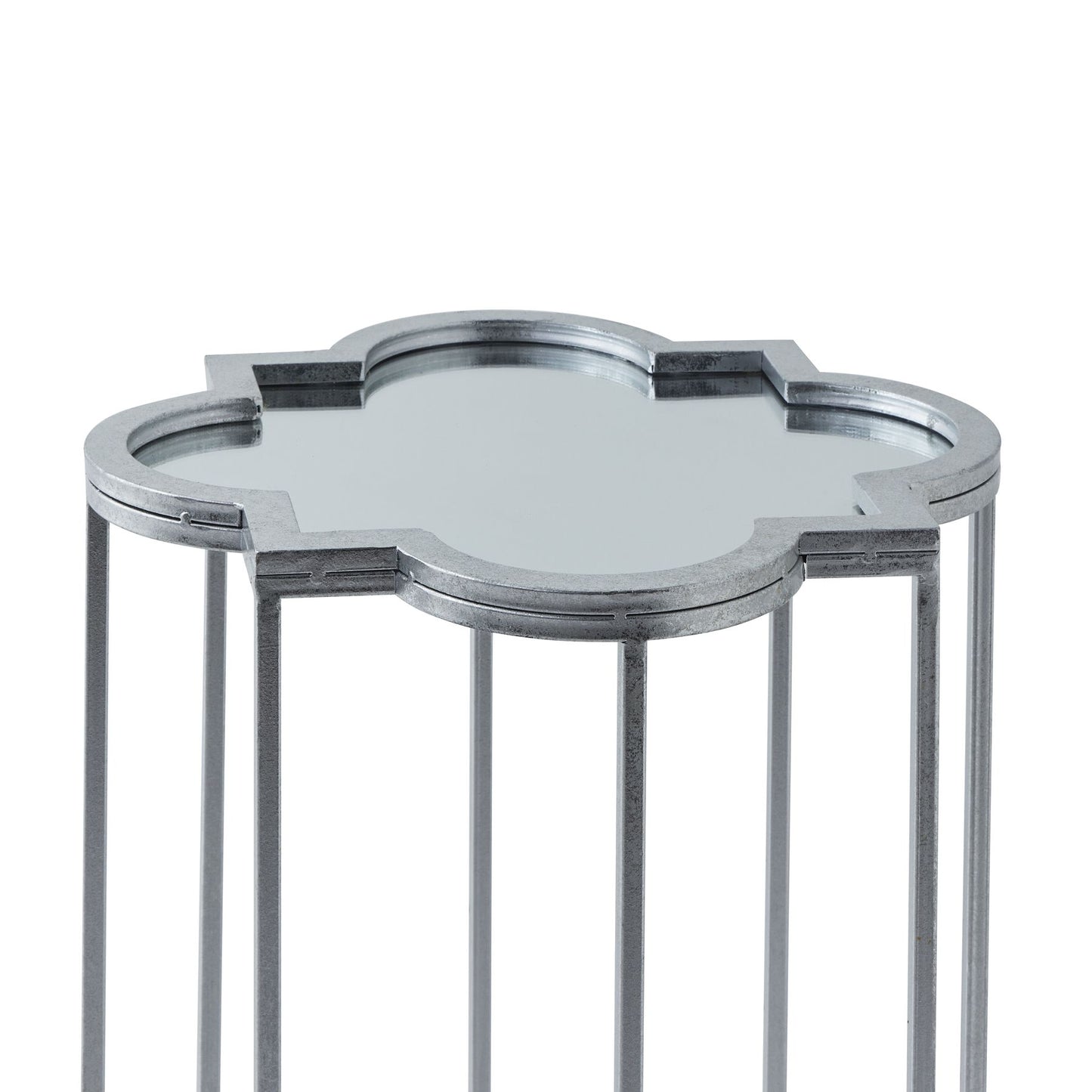 Set of two sophisticated side tables with a mirrored, geometric quarter foil design and metallic framework, ideal for modern decor.