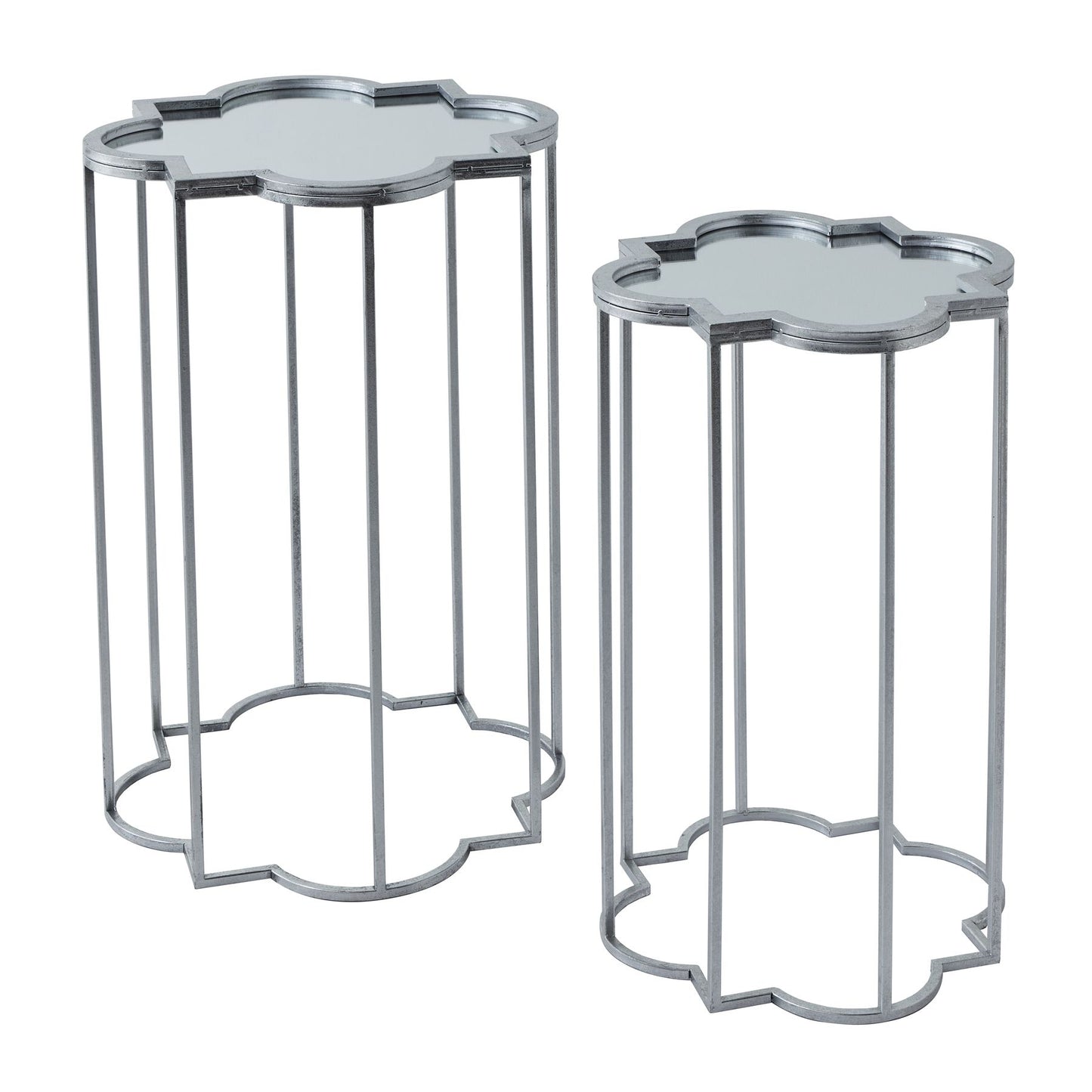 Set of two modern side tables featuring a sleek mirrored finish and elegant quarter foil design for a stylish accent in any room.