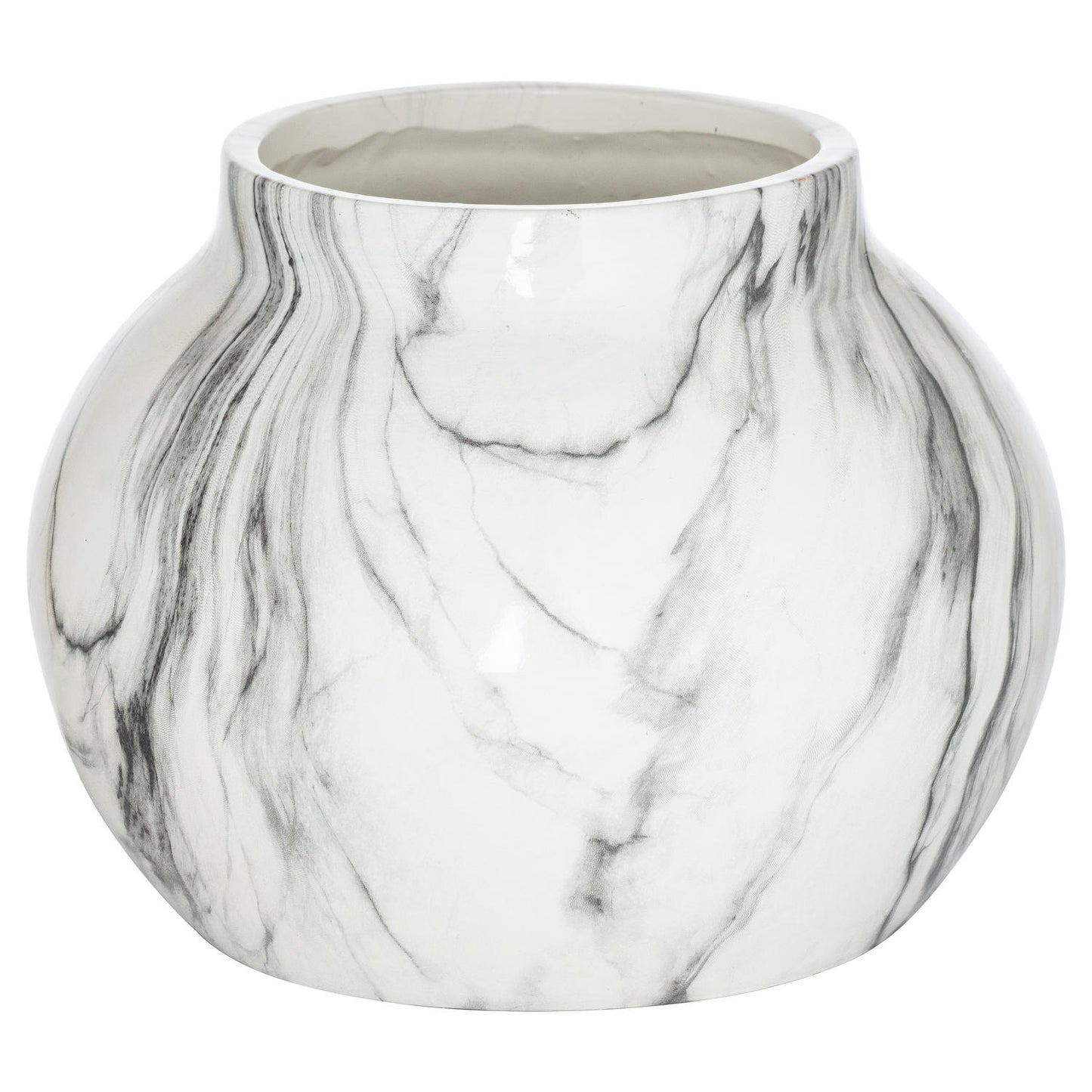 Hand-dipped white marble planter with elegant black veining, featuring a modern round shape for stylish indoor decor.