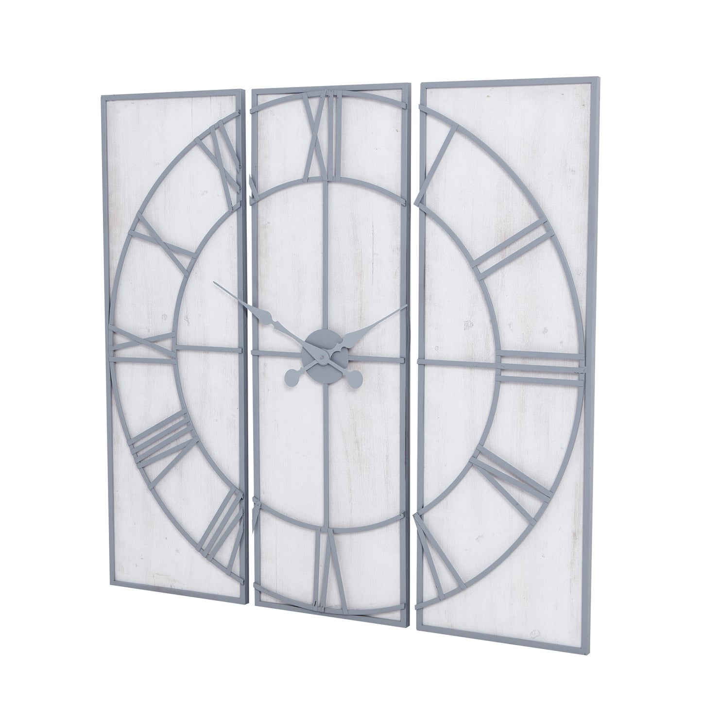 Multi-paneled wall clock with a sleek gray metal frame, white background, and bold Roman numerals, measuring 60cm in diameter.