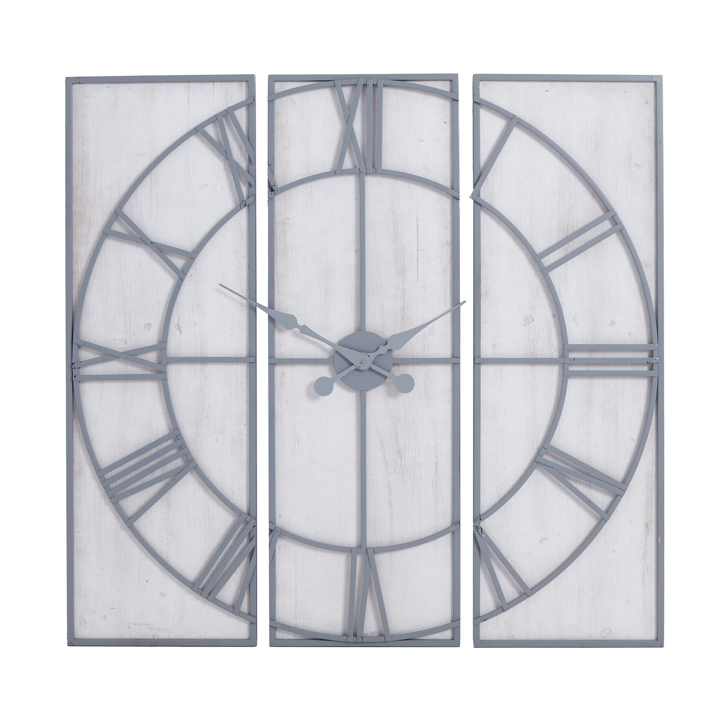 Multi-paneled wall clock featuring a sleek gray metal frame and white distressed background, measuring 60cm in diameter for bold visibility.