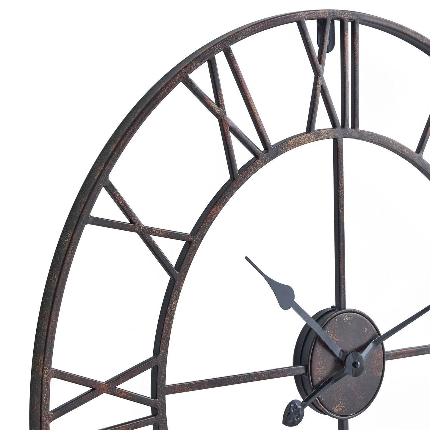 Antique bronze wall clock with an open skeleton design and slender Roman numerals, enhancing any modern or traditional decor.