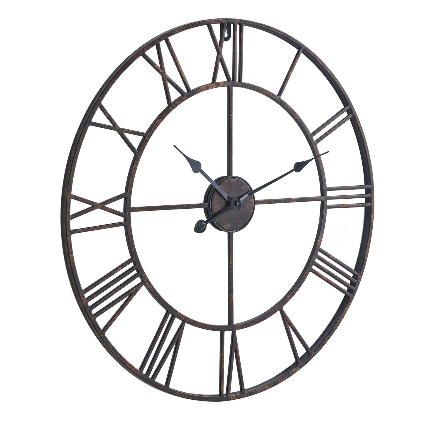 Antique bronze wall clock with open skeleton design and slender Roman numerals, blending modern and traditional styles.