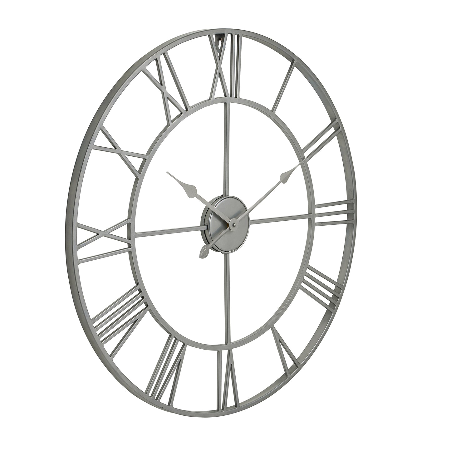 Elegant silver skeleton wall clock with an open-frame design and precise quartz mechanism, adding modern sophistication to any space.
