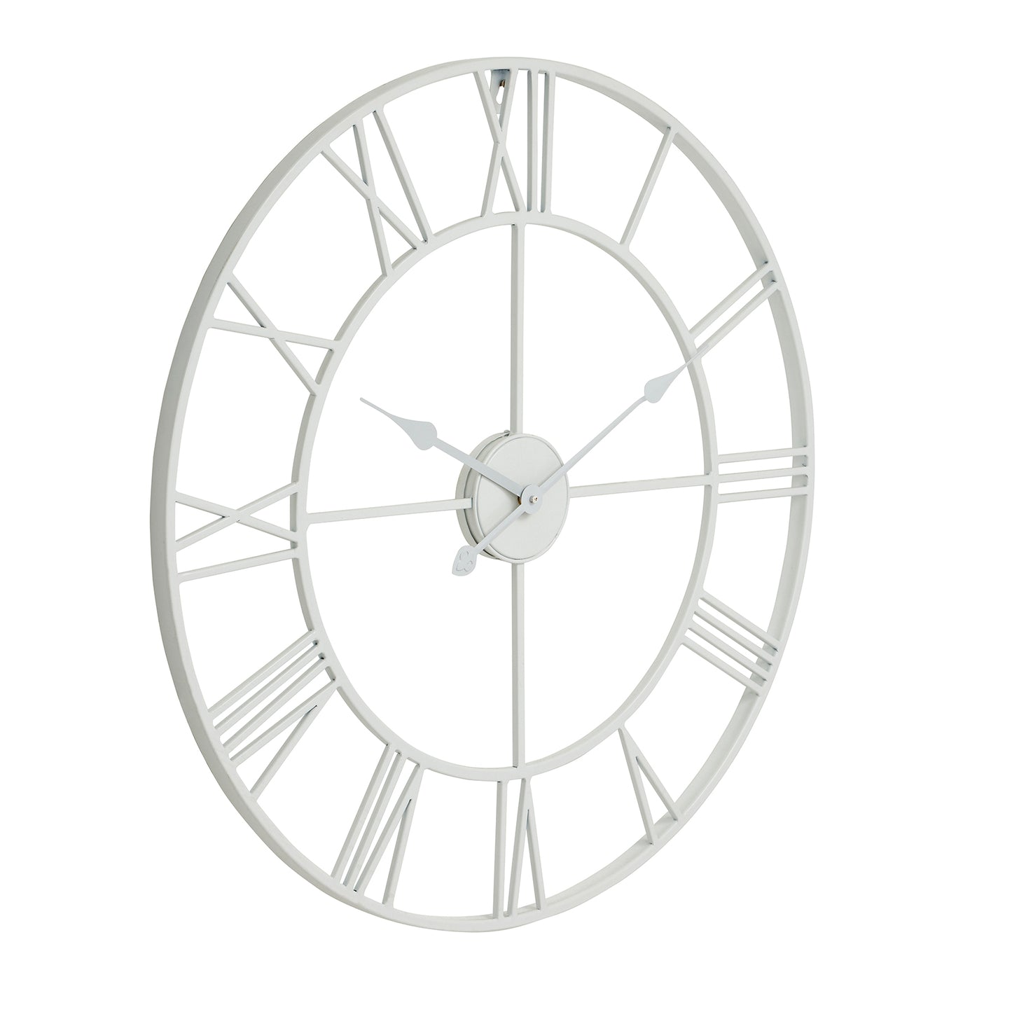 Sleek white skeleton wall clock featuring minimalist design and elegant Roman numerals, perfect for modern and classic interiors.
