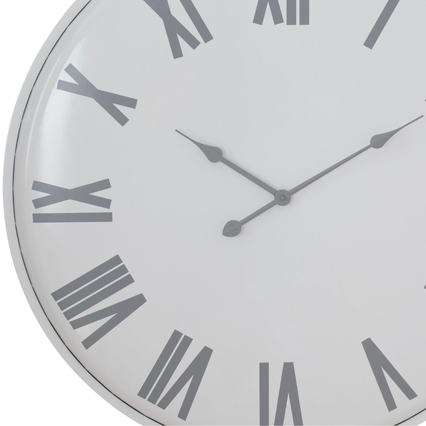 Large white wall clock featuring elegant gray Roman numerals and sleek hands, designed for timeless sophistication and versatility.