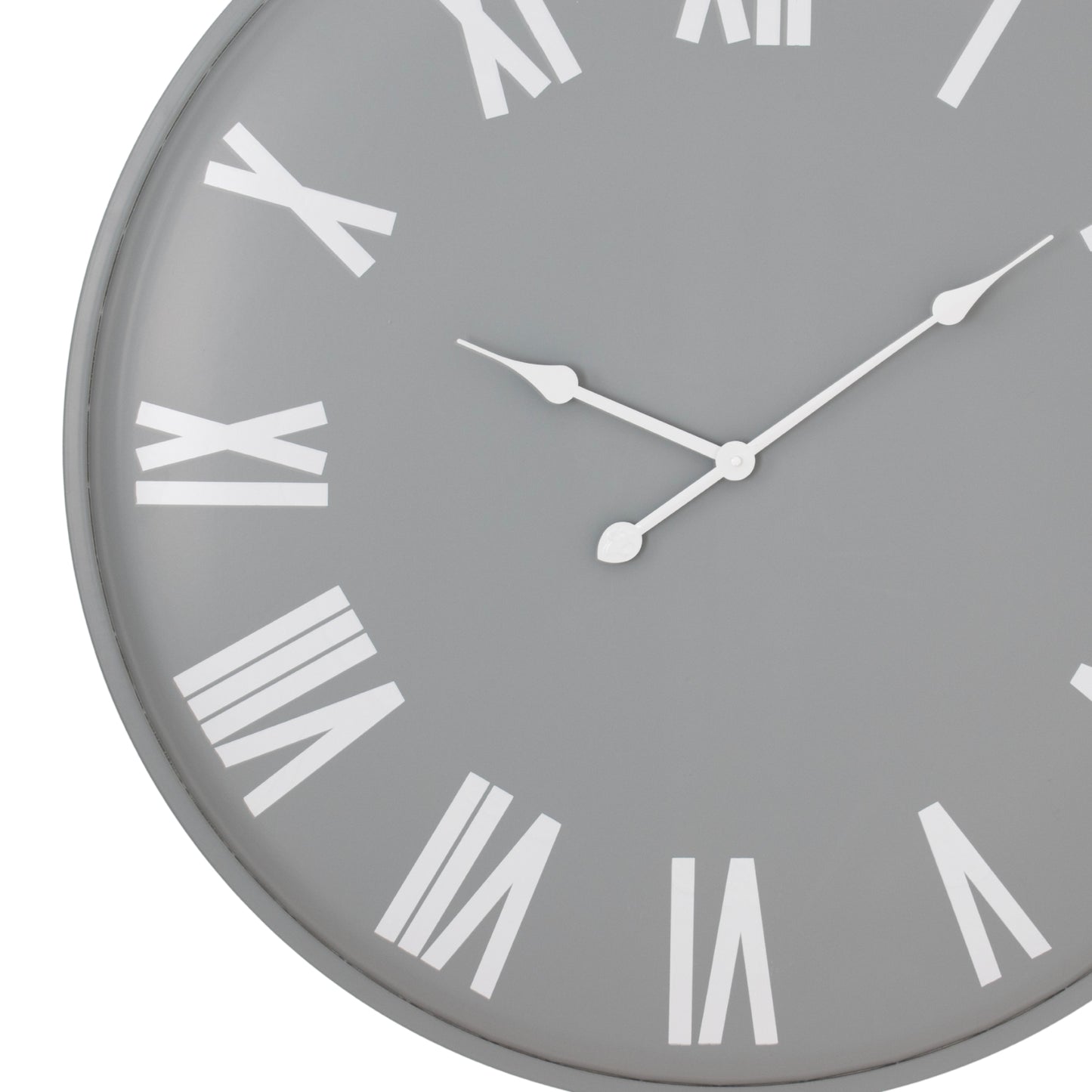 Large round wall clock with a light grey background, bold white Roman numerals, and slim hands for easy readability, measuring 80cm.