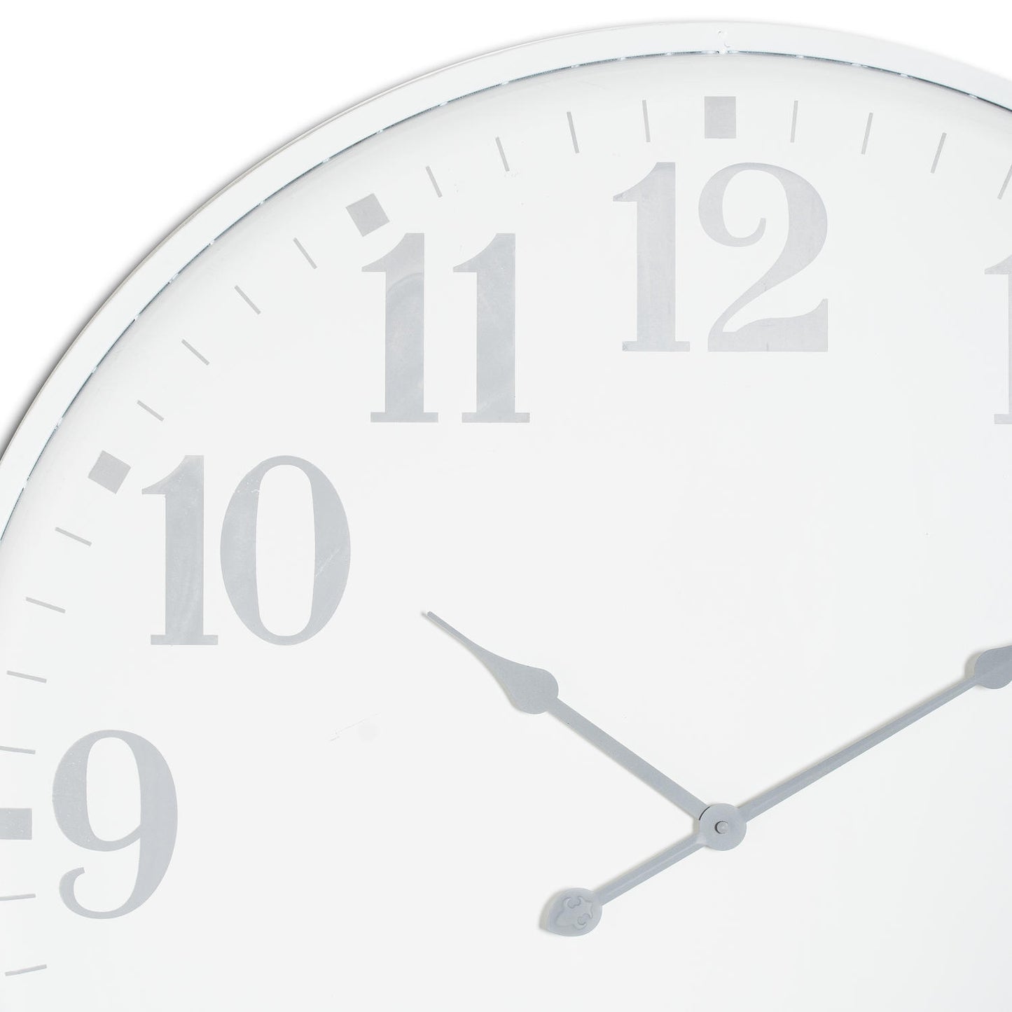 Large white wall clock with elegant grey numerals and hands, featuring a sophisticated design suitable for modern and classic interiors.