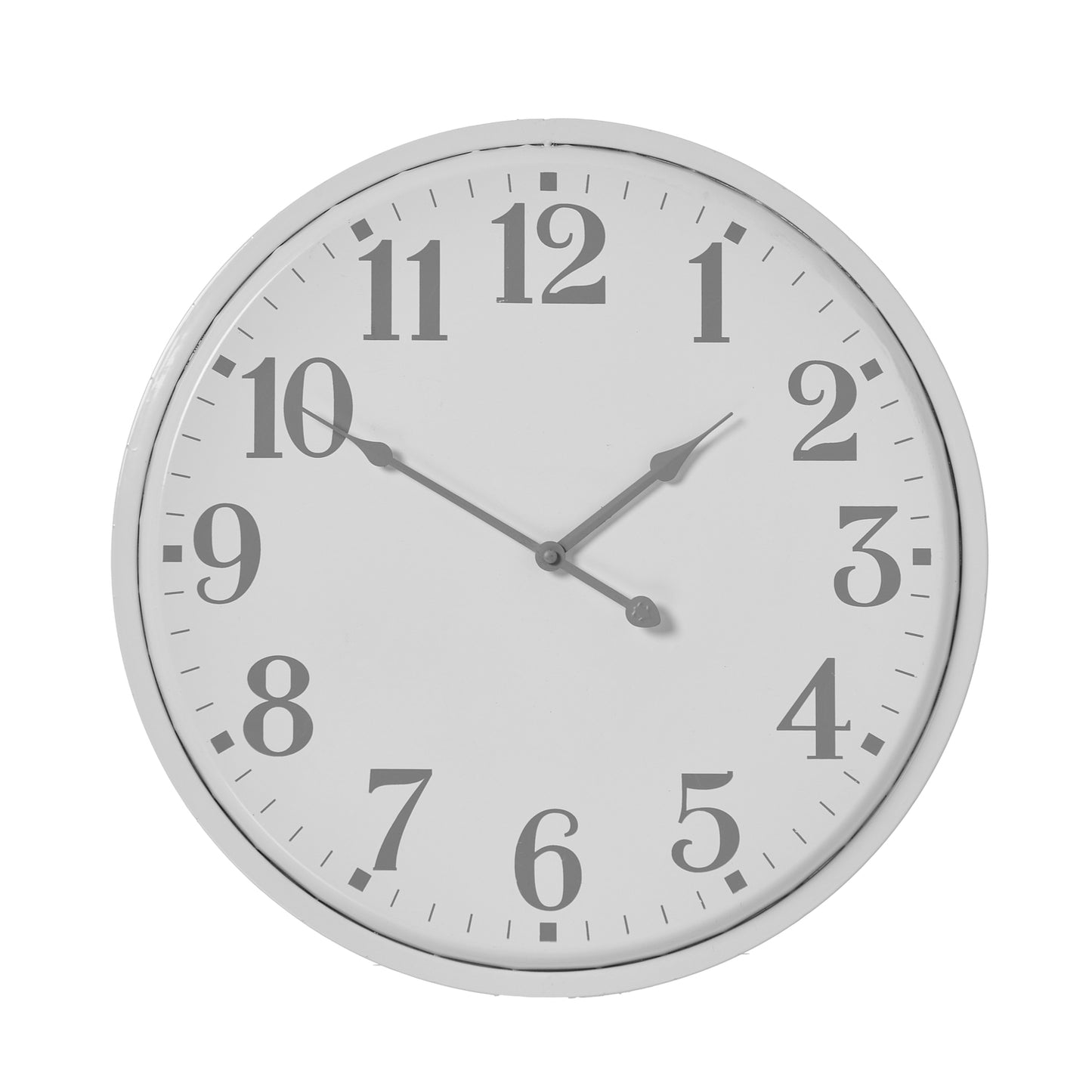 Bold white circular wall clock with clean lines and large gray numbers, adding modern sophistication to any decor.