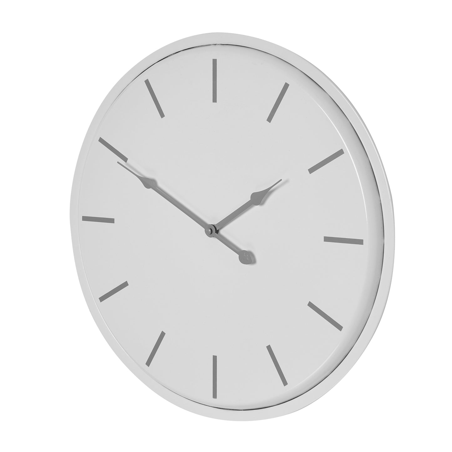 White wall clock featuring an industrial-chic design with minimalist silver hour markers and hands, perfect for modern interiors.