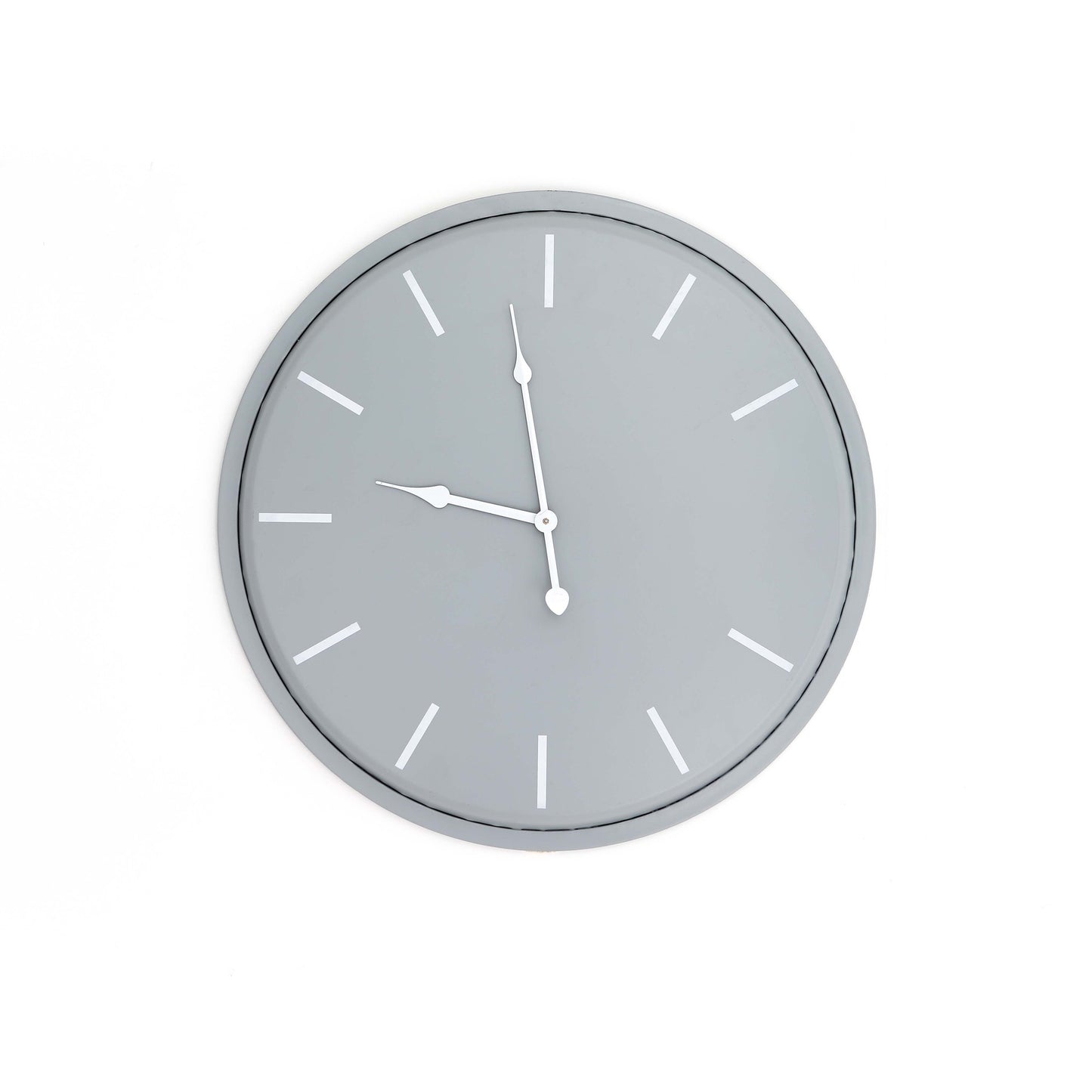 Sleek grey wall clock with minimalist design, featuring white hour markers and hands, perfect for modern interiors.