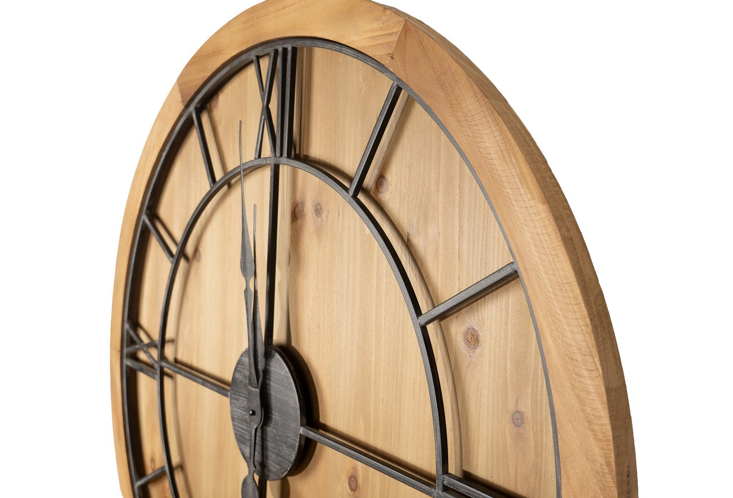 Round wall clock with a wooden frame, featuring grey metal Roman numerals and sleek black hands, combining classic and modern styles.