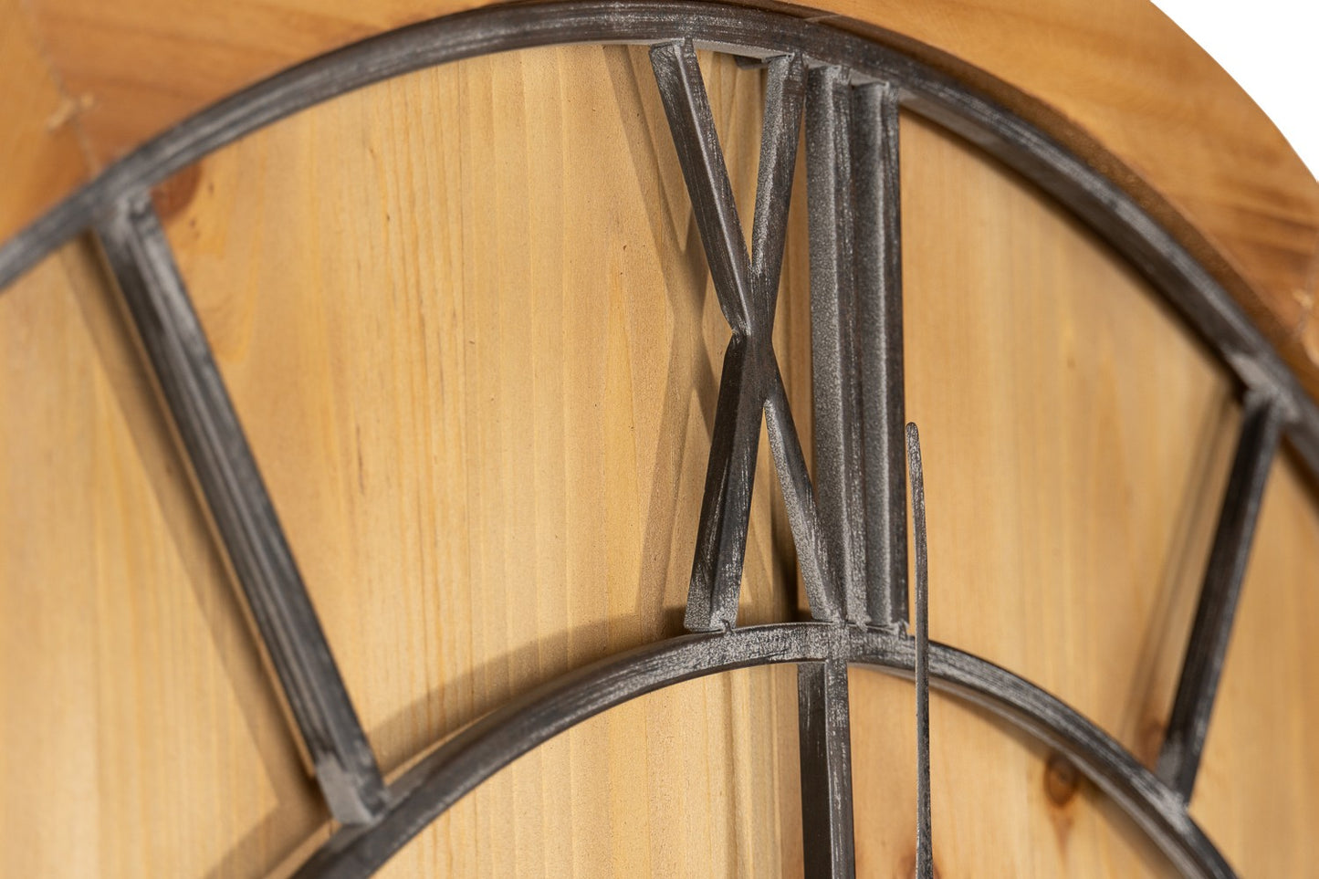 Round wooden wall clock featuring a natural wood finish and contrasting grey metal Roman numerals, showcasing elegant craftsmanship.