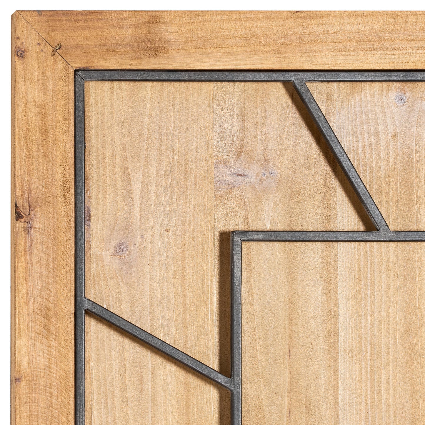 Large wooden wall clock featuring layered grey metal Roman numerals on a warm wooden backdrop, combining rustic elegance and modern style.