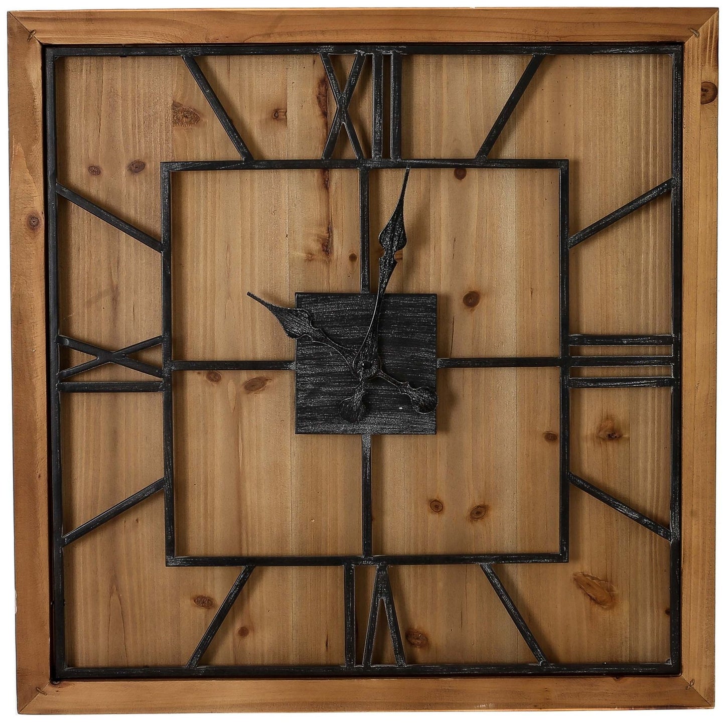 Large wooden wall clock with layered grey metal Roman numerals and a natural wood finish, blending rustic elegance with modern design.