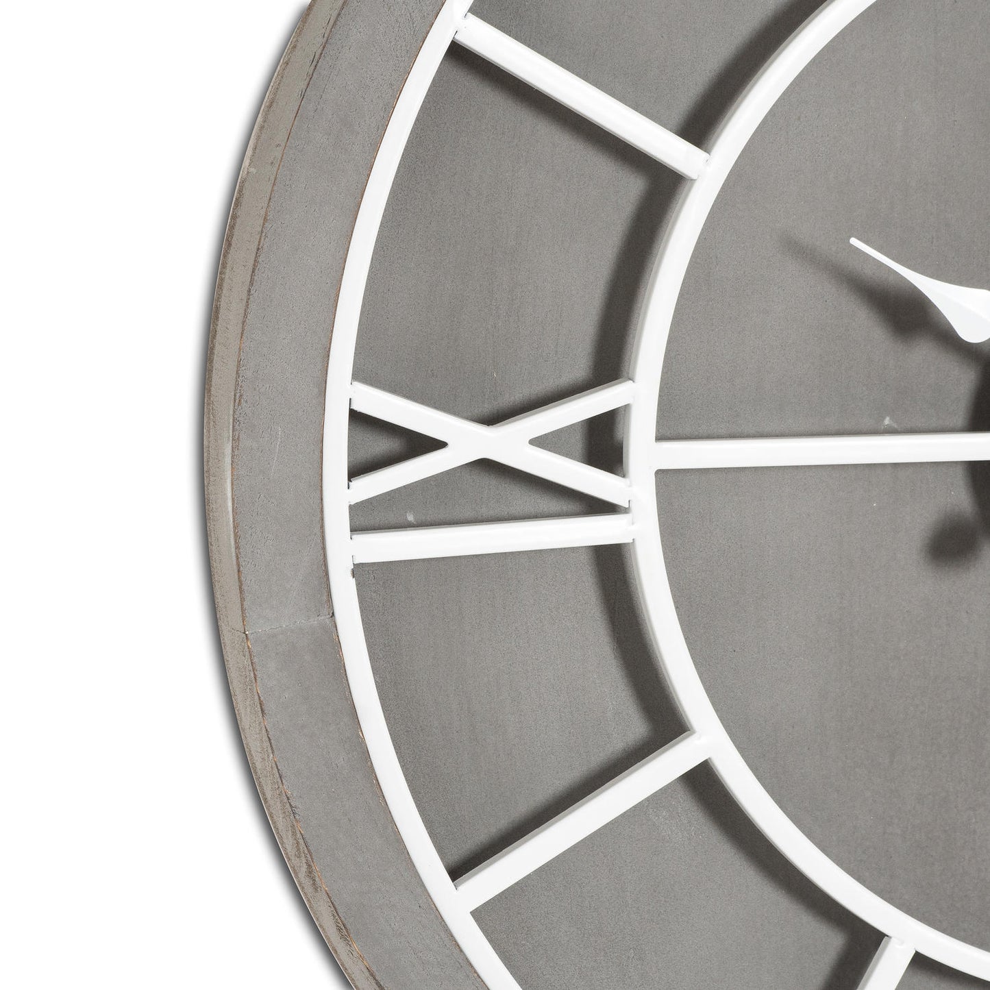 Sleek grey round wall clock with white Roman numerals and a clean, polished finish, adding timeless elegance to any space.
