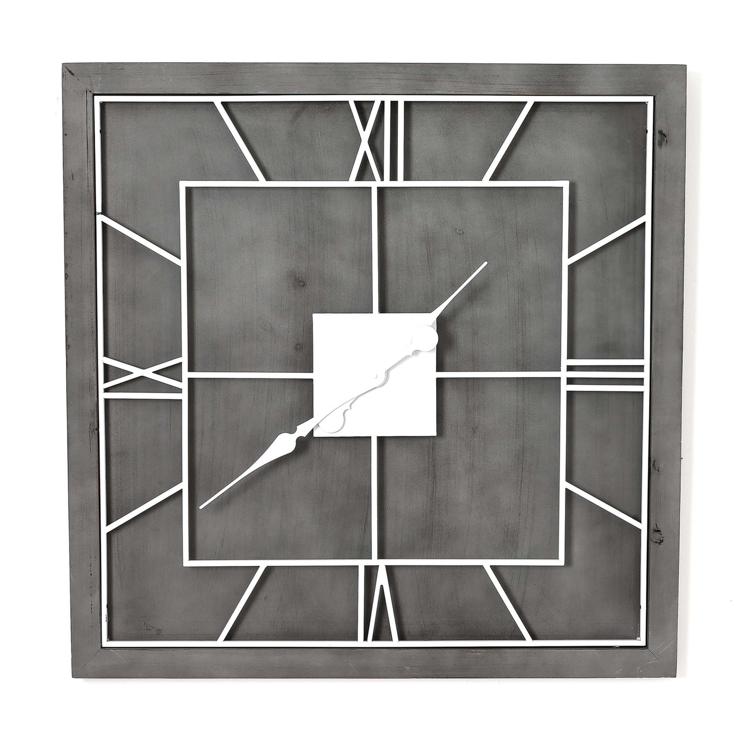 Square wall clock featuring a classic grey frame, white Roman numerals, and metal accents for a sophisticated look.