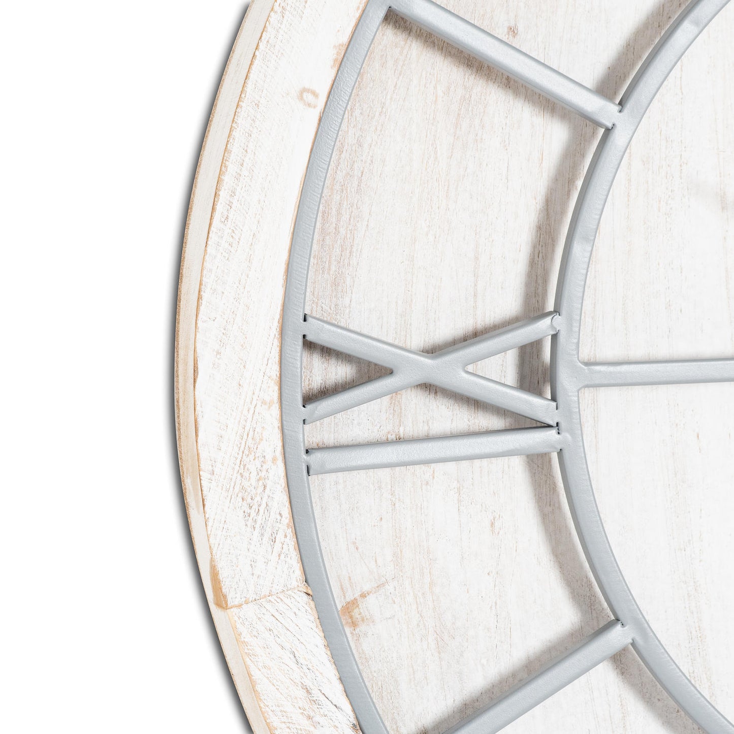Round wall clock featuring light grey metal Roman numerals on a white washed wood background, designed for elegant decor.