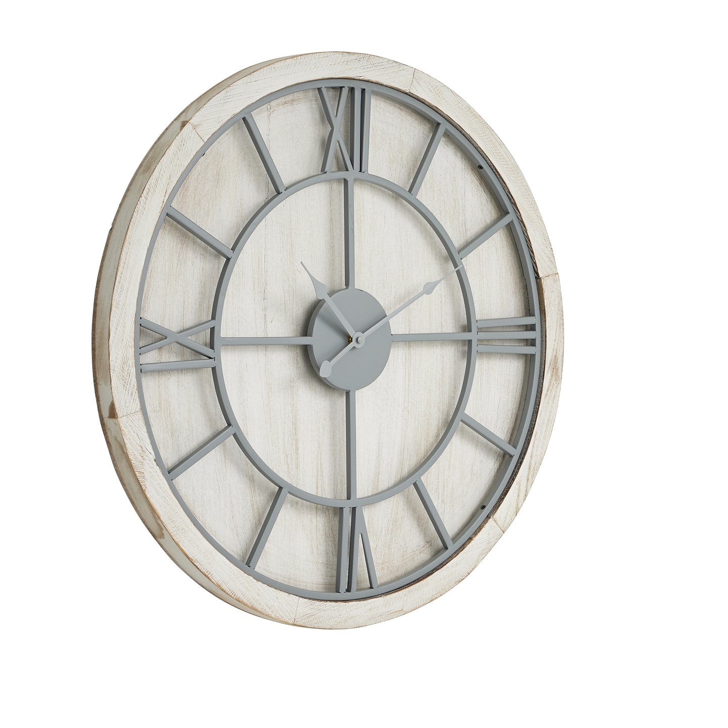 Round wall clock with light grey Roman numerals and a white washed wood frame, offering elegant style for any decor.