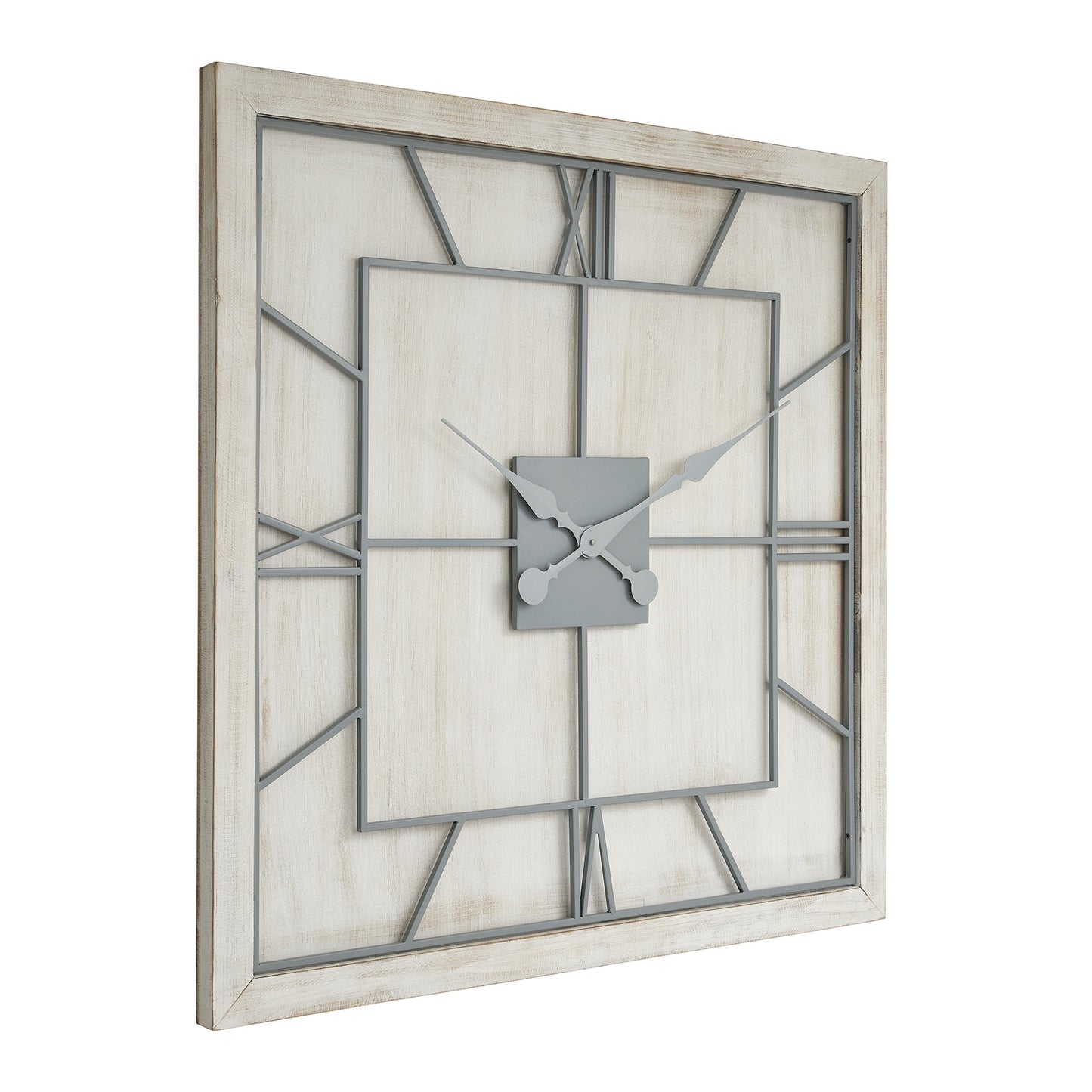 Square wall clock with a white-washed wooden frame, light grey Roman numerals, and an open skeleton face for architectural interest.