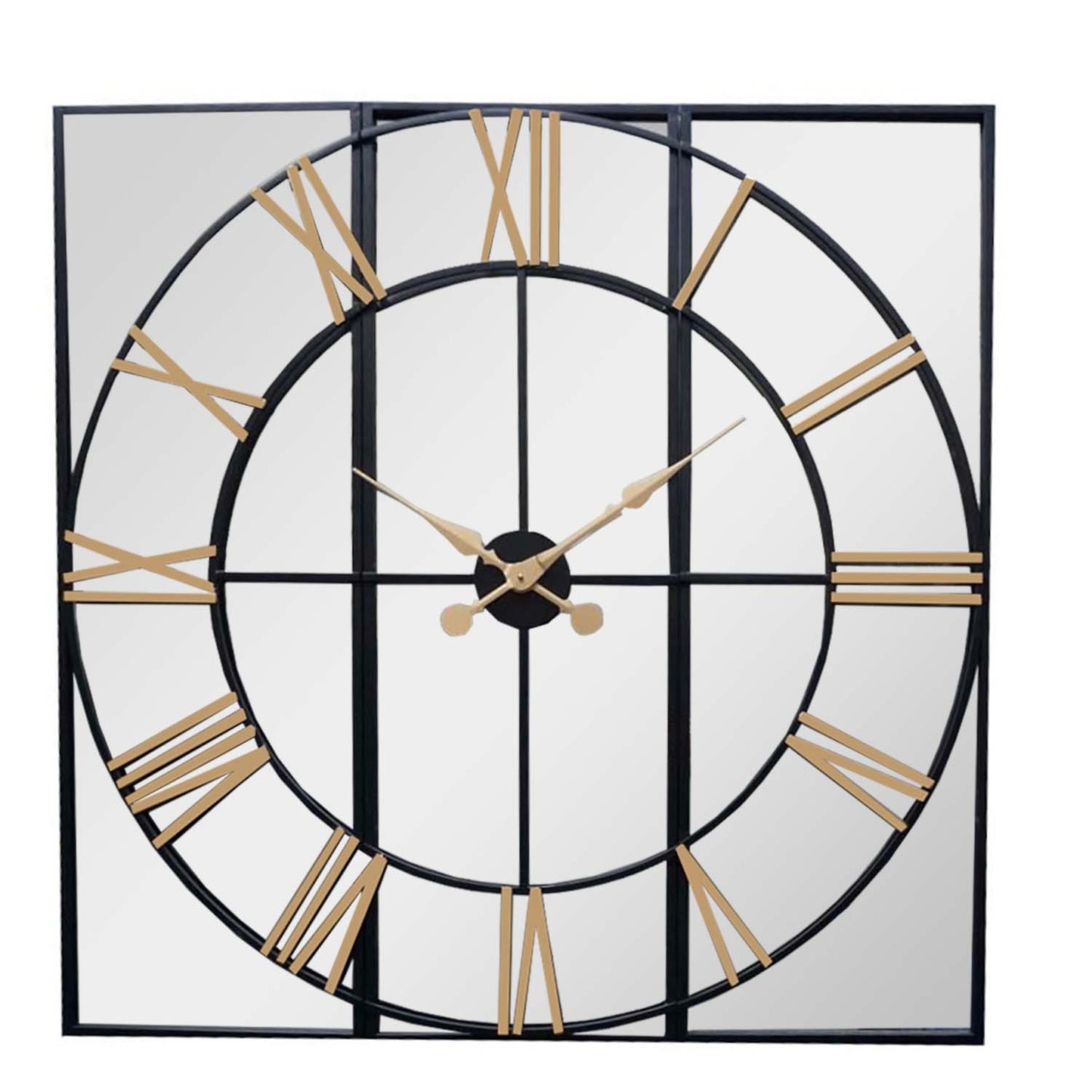 Black and gold wall clock featuring a minimalist design with Roman numerals and reflective accents for modern elegance.