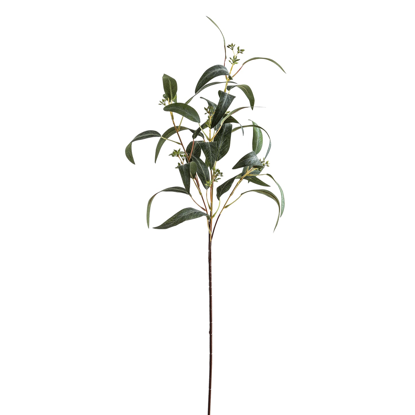 Lifelike Seeded Eucalyptus Spray with textured green leaves and seed pods, suitable for modern decor and versatile styling.