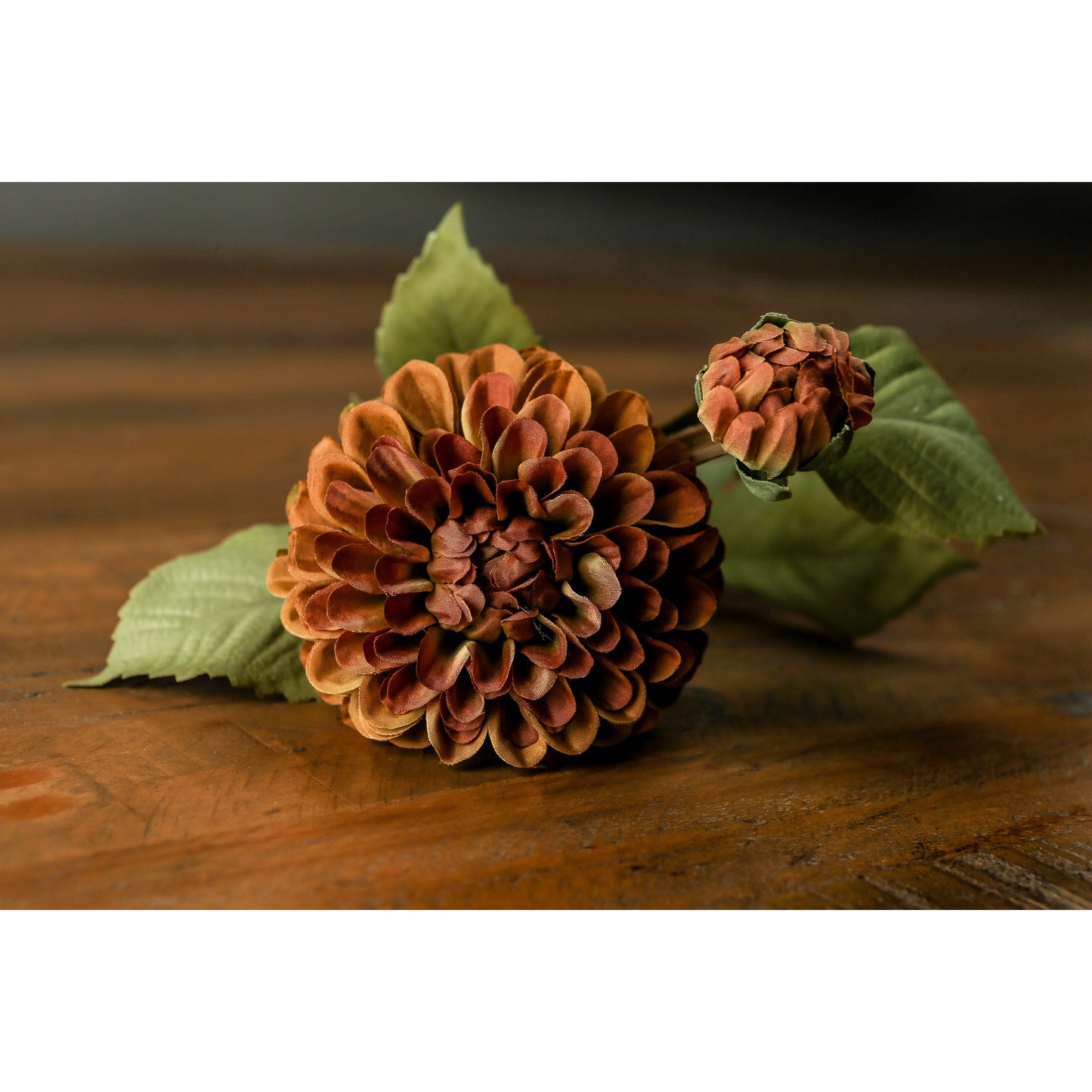 Deep mustard dahlia stem featuring densely layered petals in rich, warm hues, accompanied by lush green leaves for a sophisticated touch.