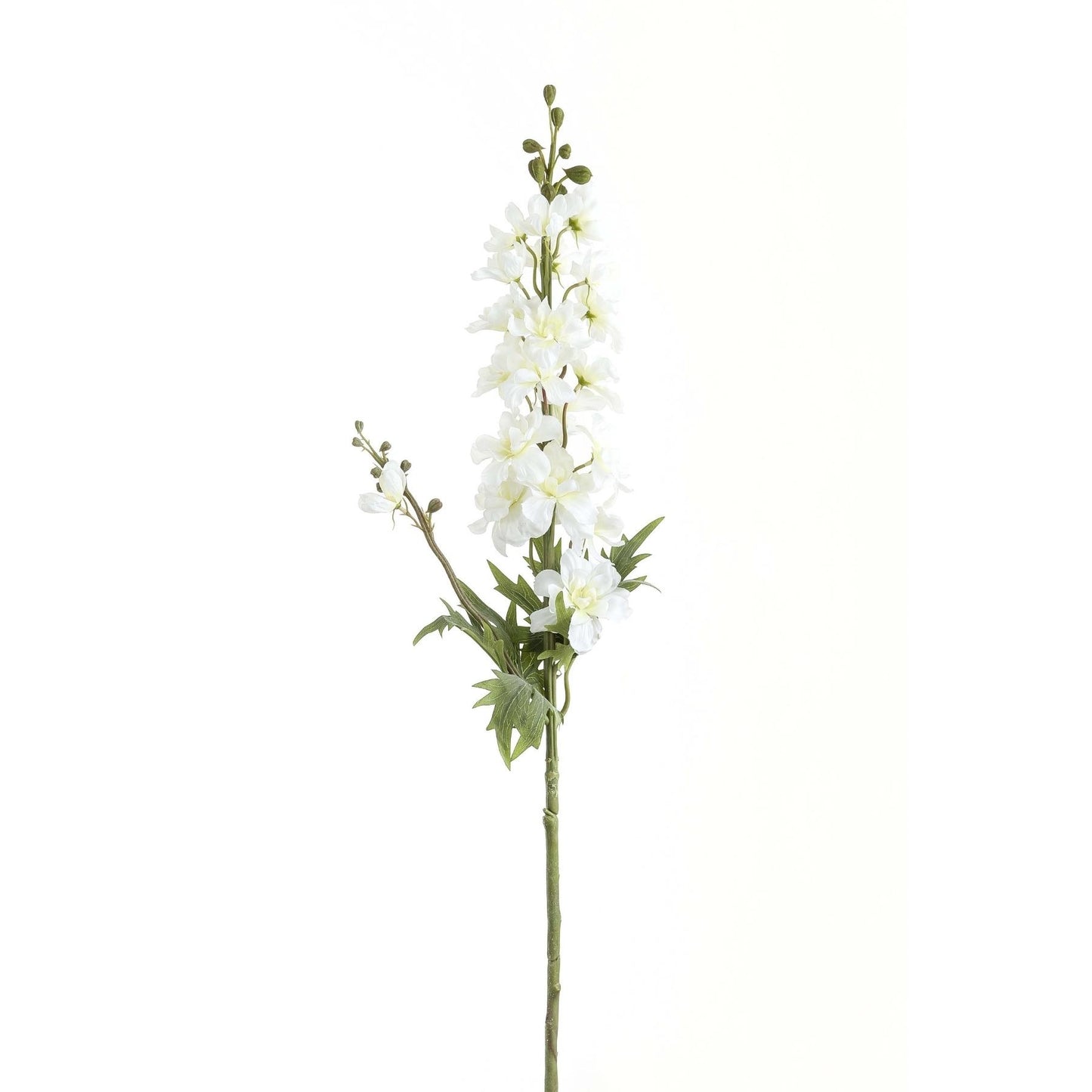 Tall white delphinium stem featuring lifelike florets and green leaves, crafted for elegant arrangements in any decor.