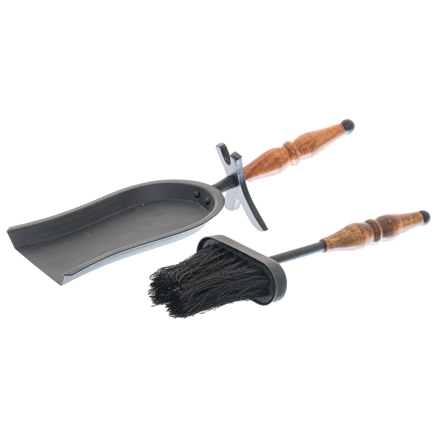 Hand-turned hearth tidy set featuring a sleek black scoop and brush, accented with warm wooden handles for rustic elegance.