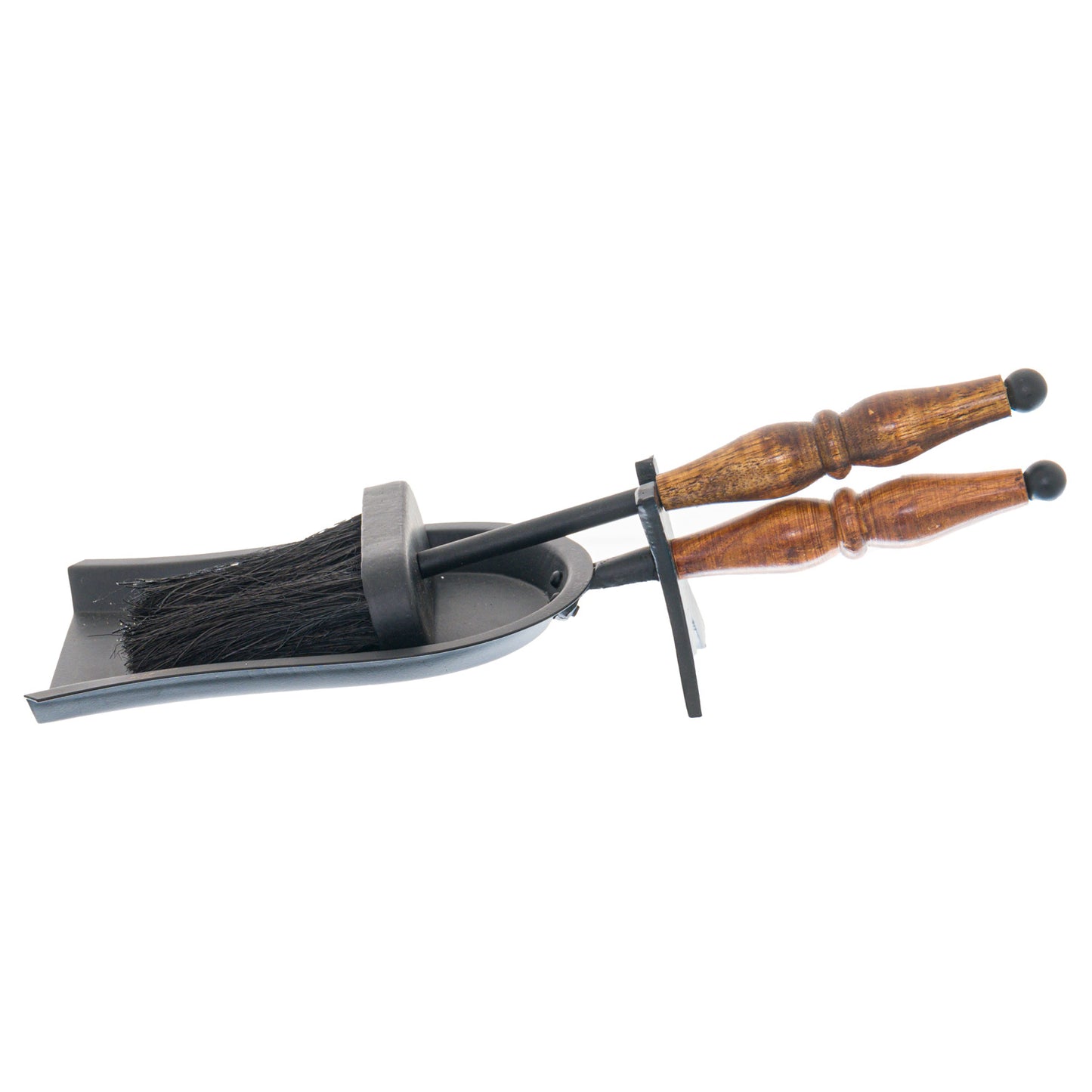 Hand-turned hearth tidy with a black dustpan and a wooden handle, featuring rustic elegance and artisanal craftsmanship.