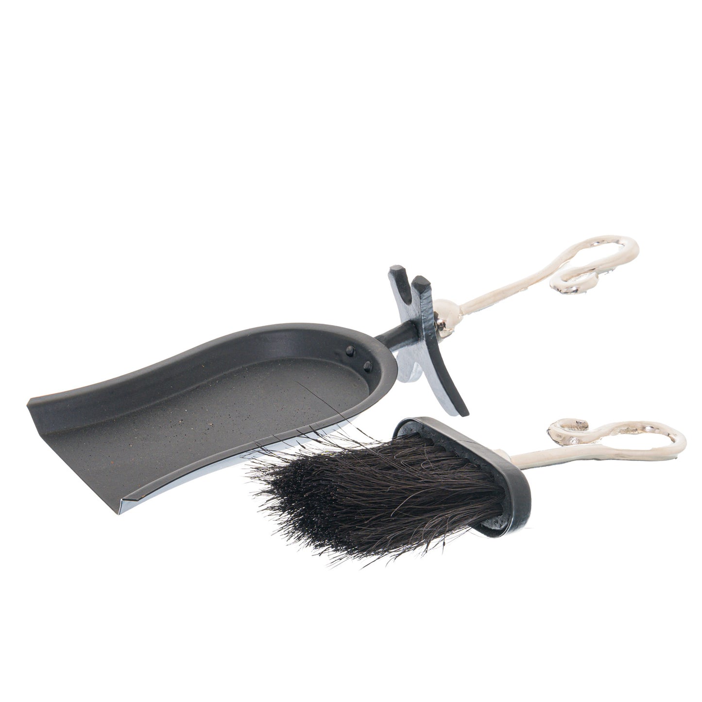 Elegant chrome crook-handled hearth tidy set featuring a sleek dustpan and brush for a sophisticated fireside look.