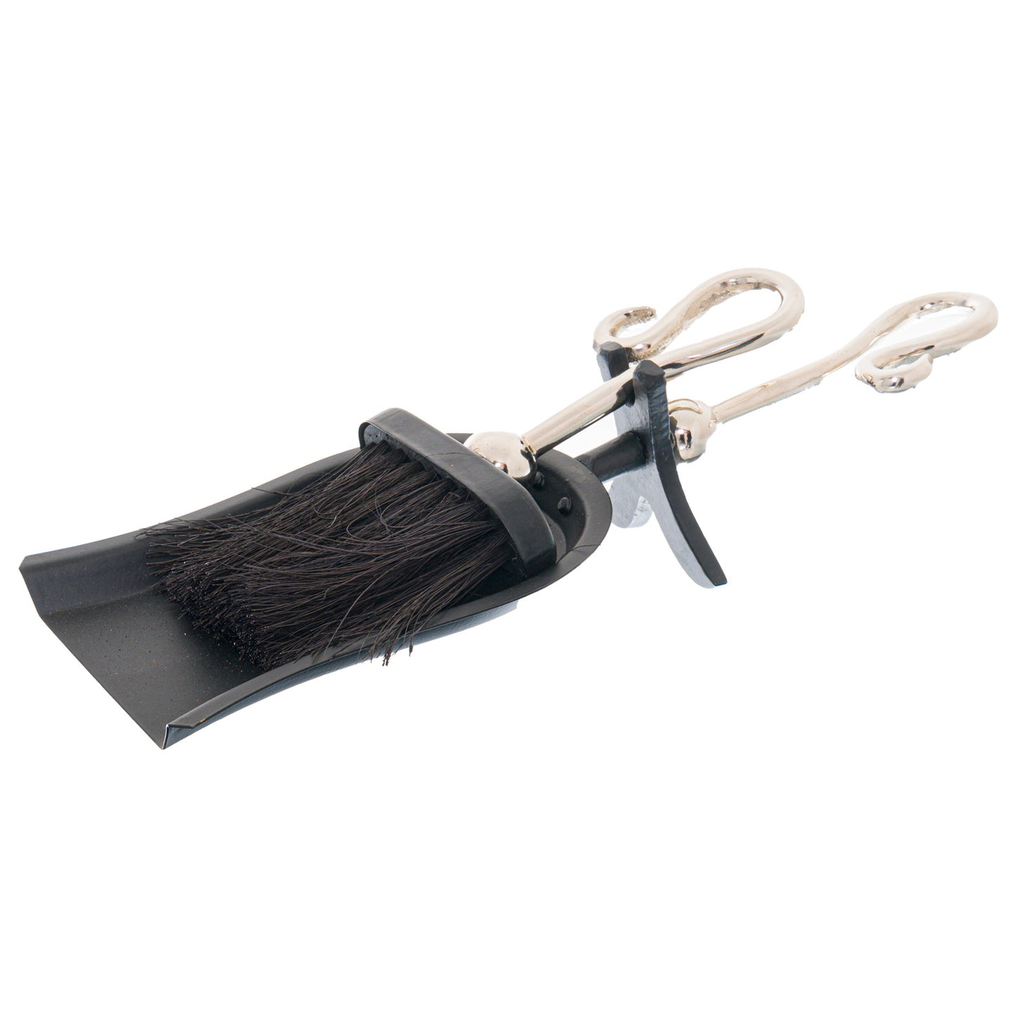 Chrome crook-handled hearth tidy featuring a sleek chrome finish and a black brush and dustpan, combining elegance with functionality.