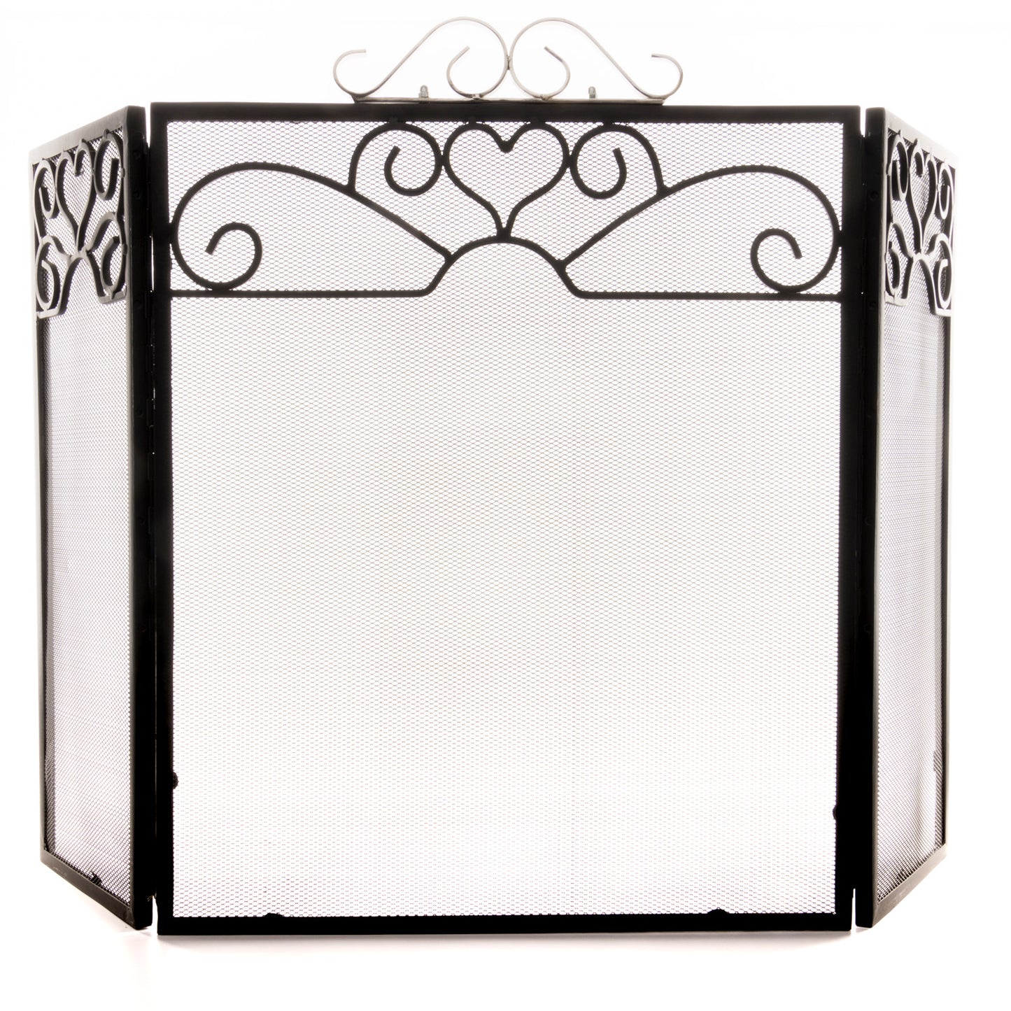 Three-fold fire screen with elegant black metal design and intricate accents, enhancing fireplace aesthetics and safety.