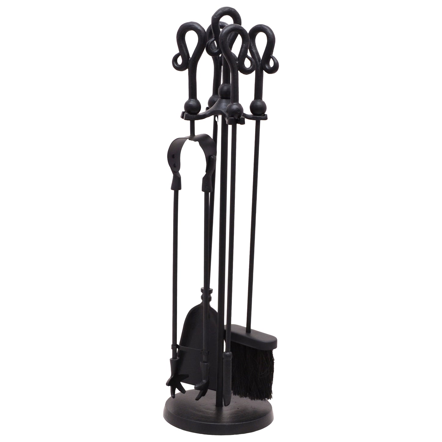 Sleek black fireside companion set featuring a unique crook top design with tools for cleaning and fireplace maintenance.