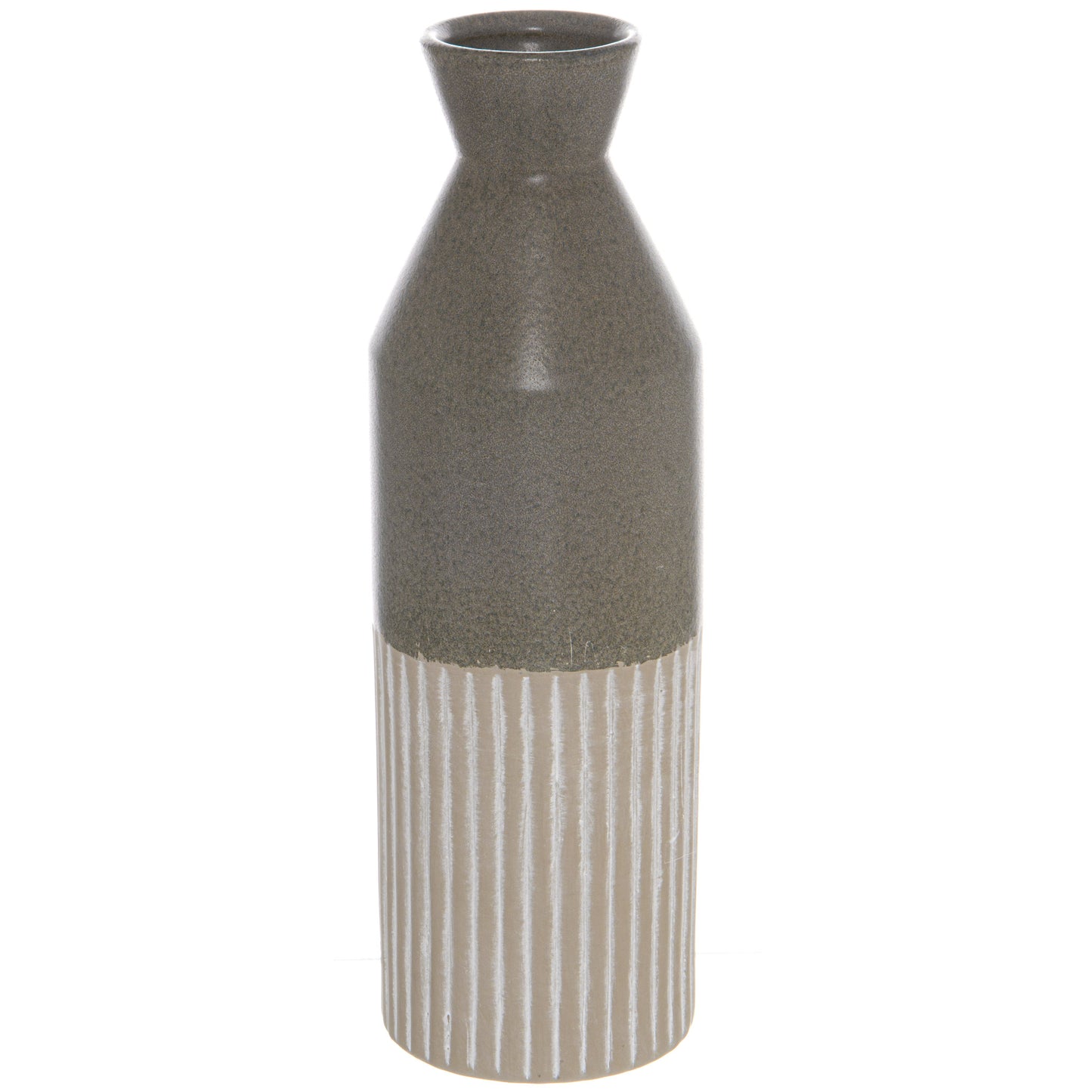 Sleek tall vase with a fluid elliptical shape, featuring a muted grey upper half and textured light grey ribbed lower half.