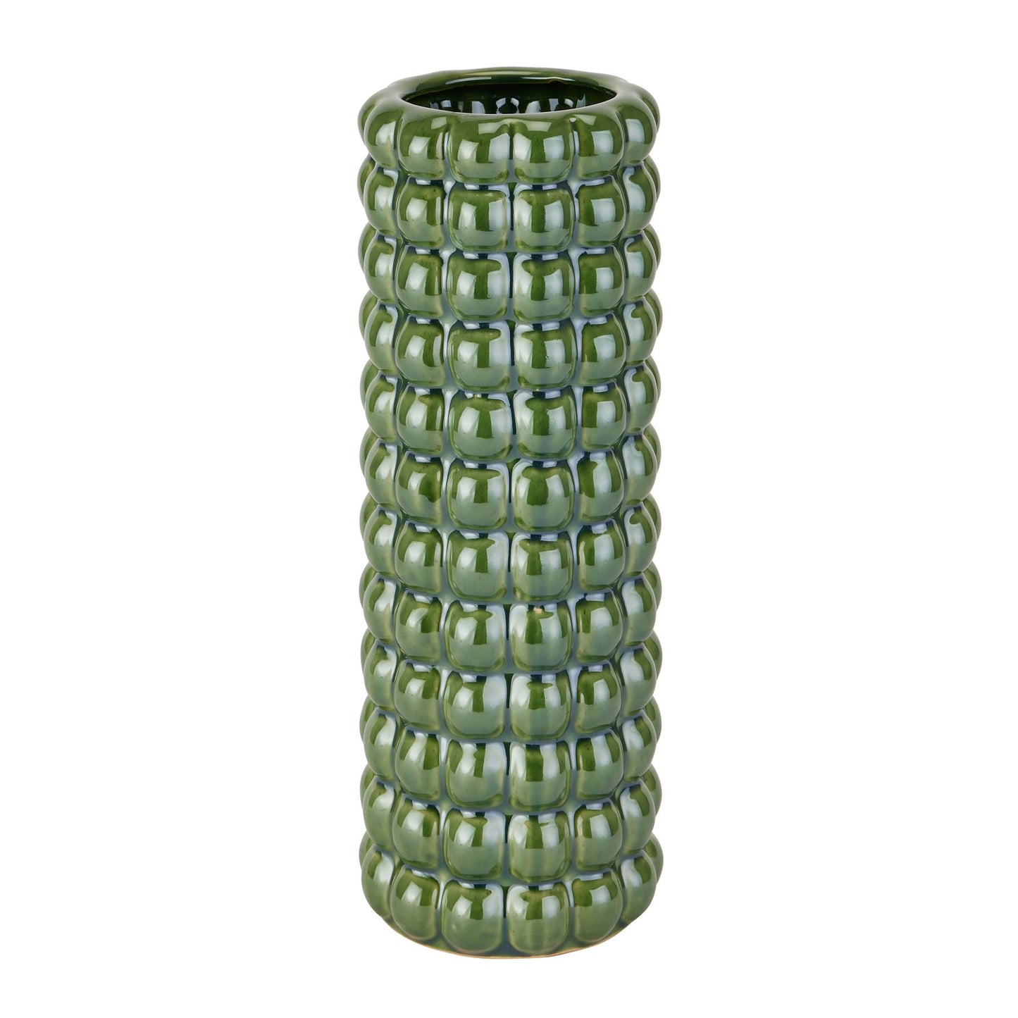 Olive green vase with a captivating bubble texture, featuring raised spherical details for dynamic light play. Perfect for floral displays.