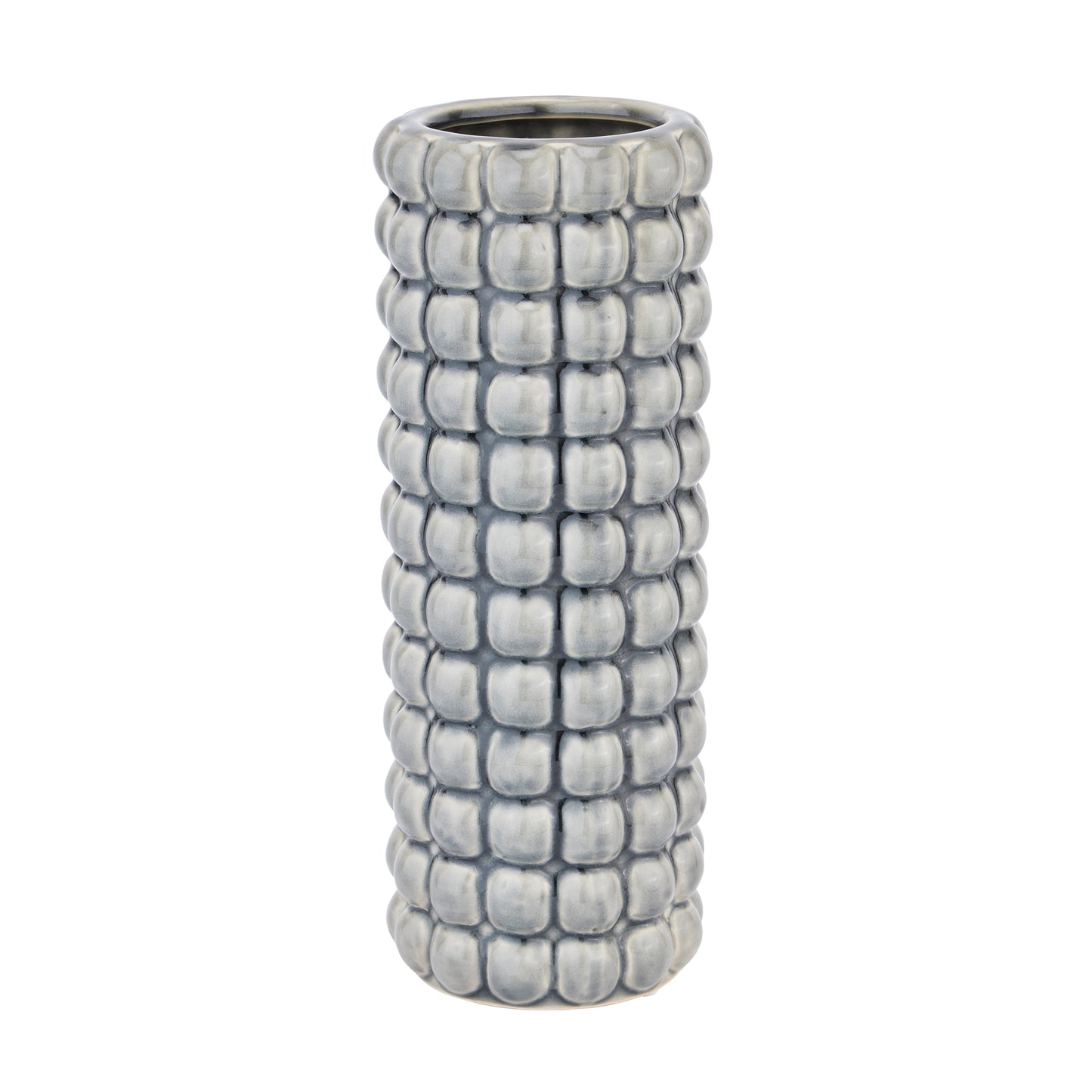 Tall ceramic vase with a unique bubble-textured surface and elegant grey glaze, ideal as a centerpiece or for flowers.